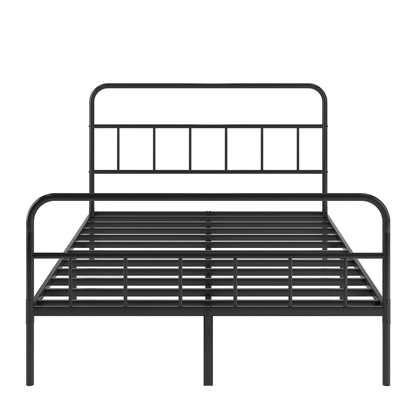 Black metal bed frame with curved headboard and footboard