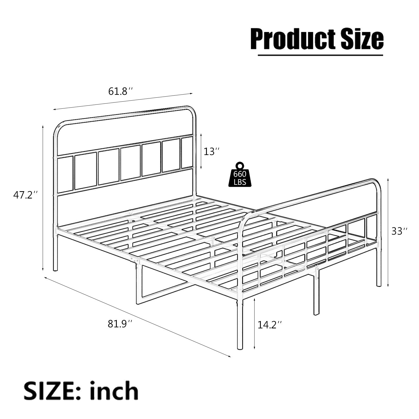 Line drawing of a metal bed frame with dimensions