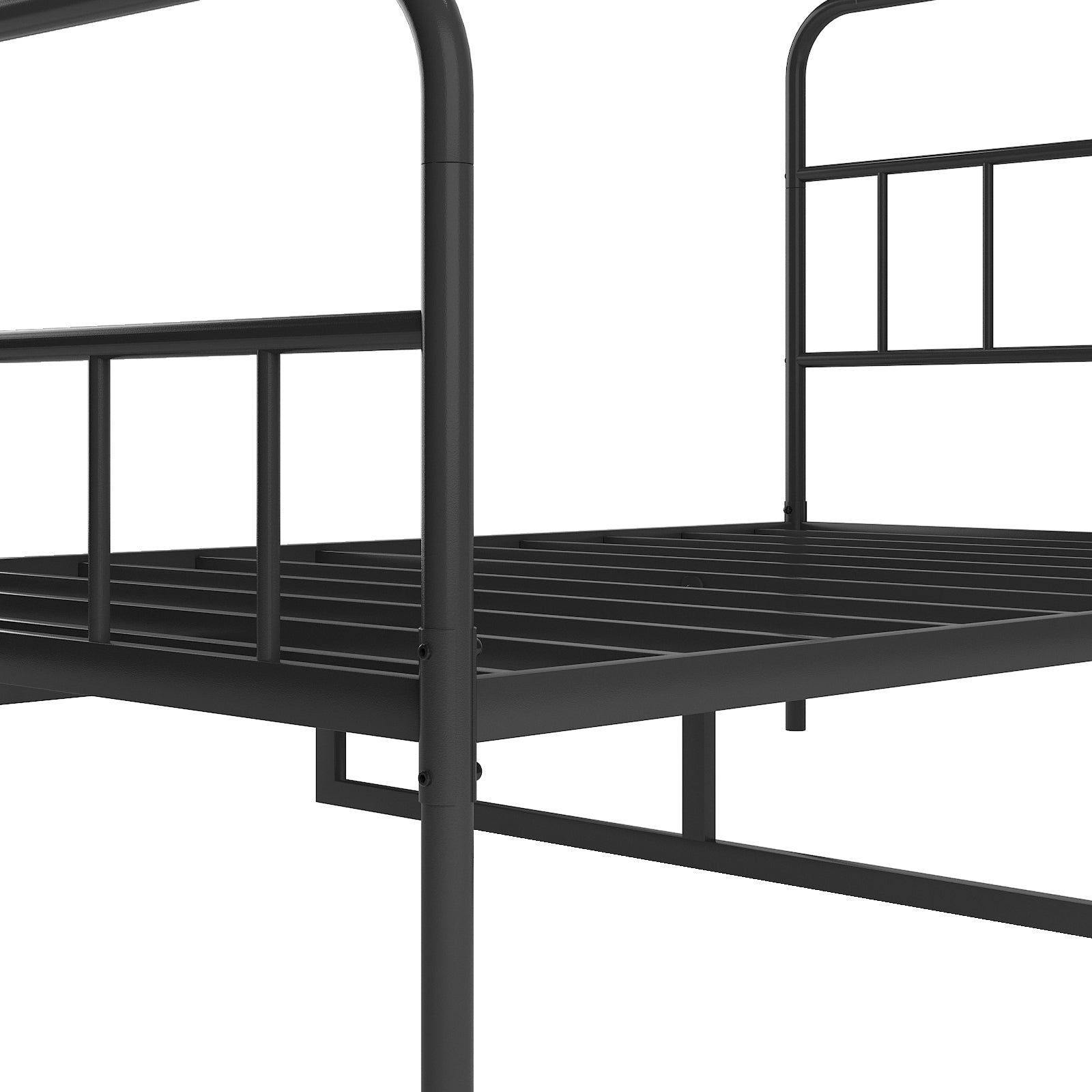 Black metal platform bed frame with slatted support