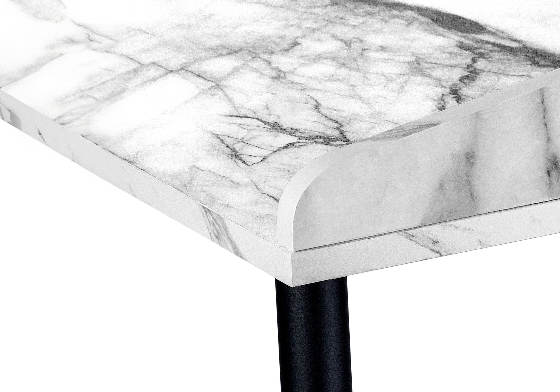 Closeup of a white marbleeffect tabletop with black leg modern design