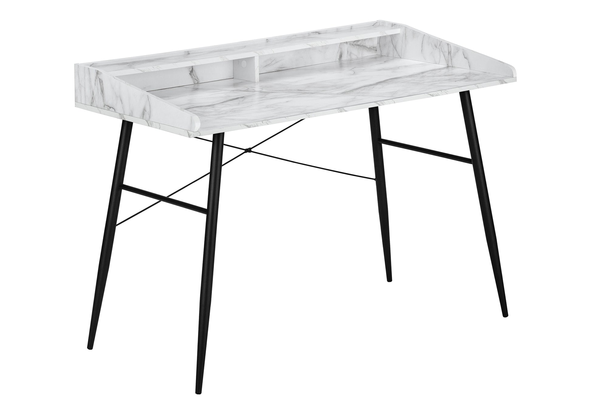 Modern white marble effect desk with black metal legs and integrated shelf