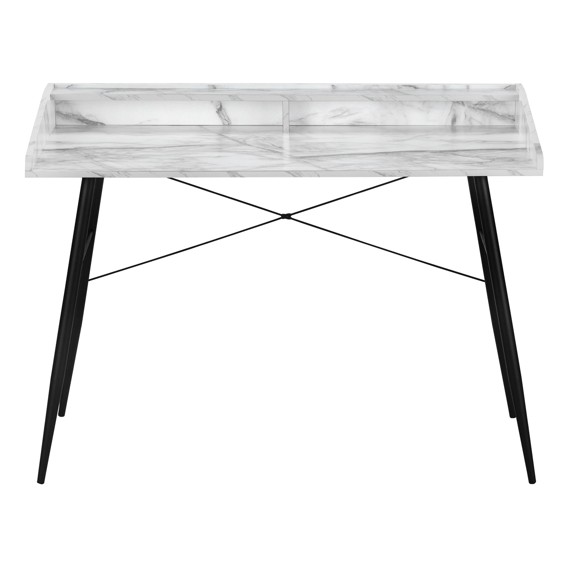 Modern marble effect writing desk with tapered black legs and open shelf
