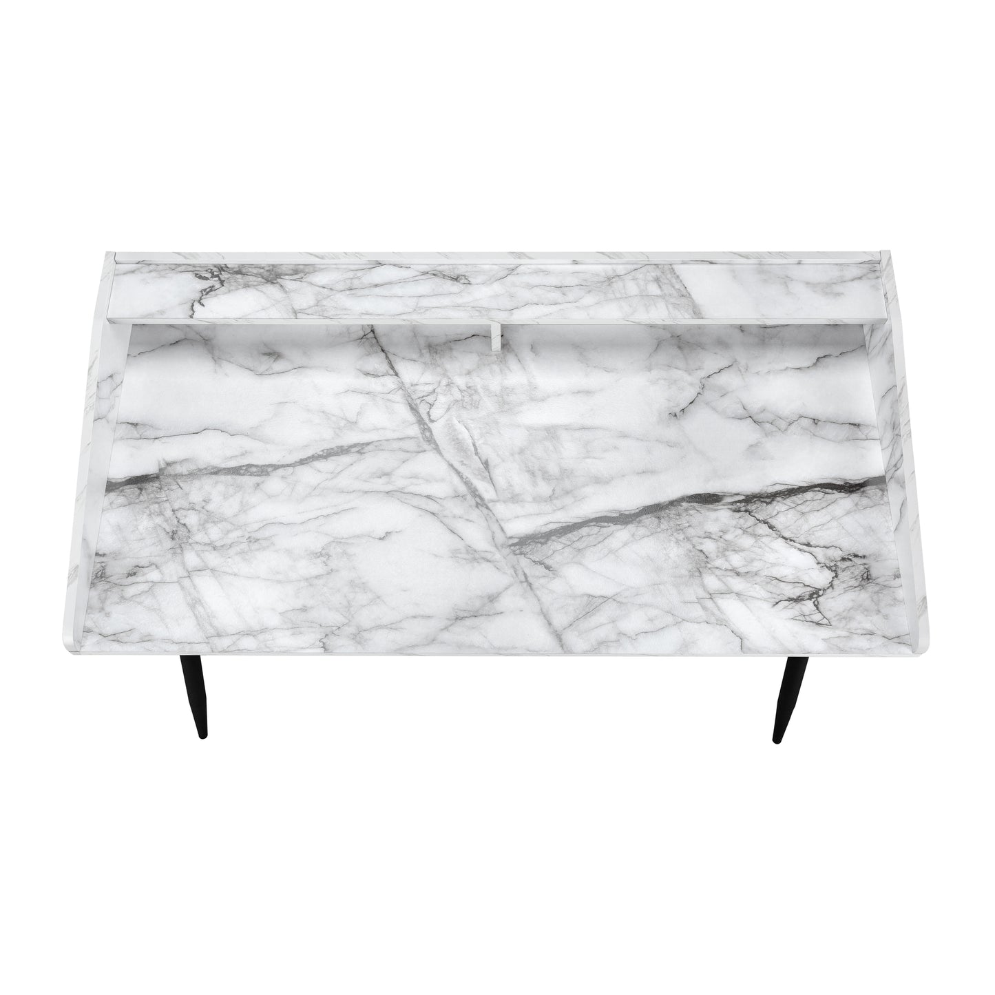 Marble top console table with sleek black legs and open shelf