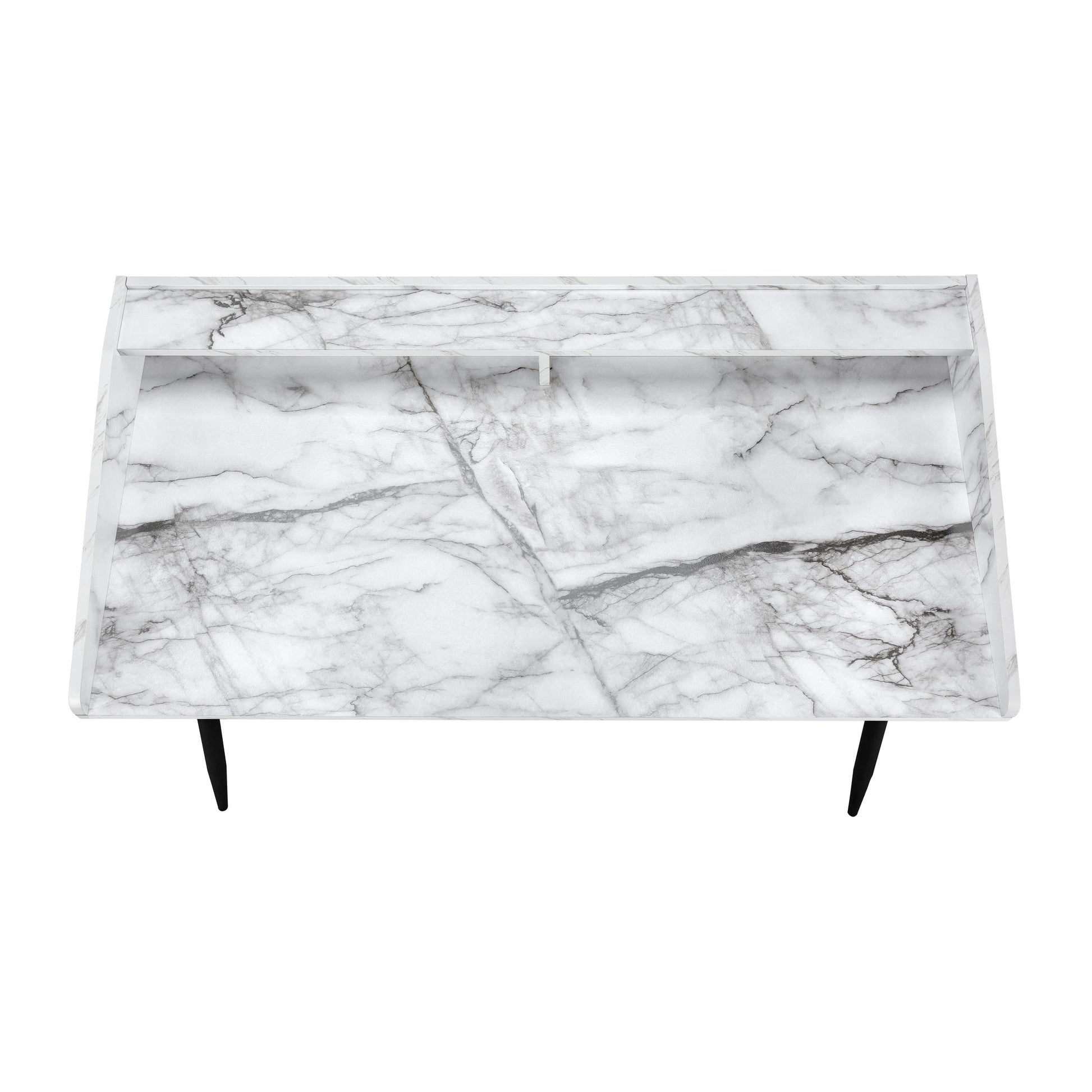 Marble top console table with sleek black legs and open shelf
