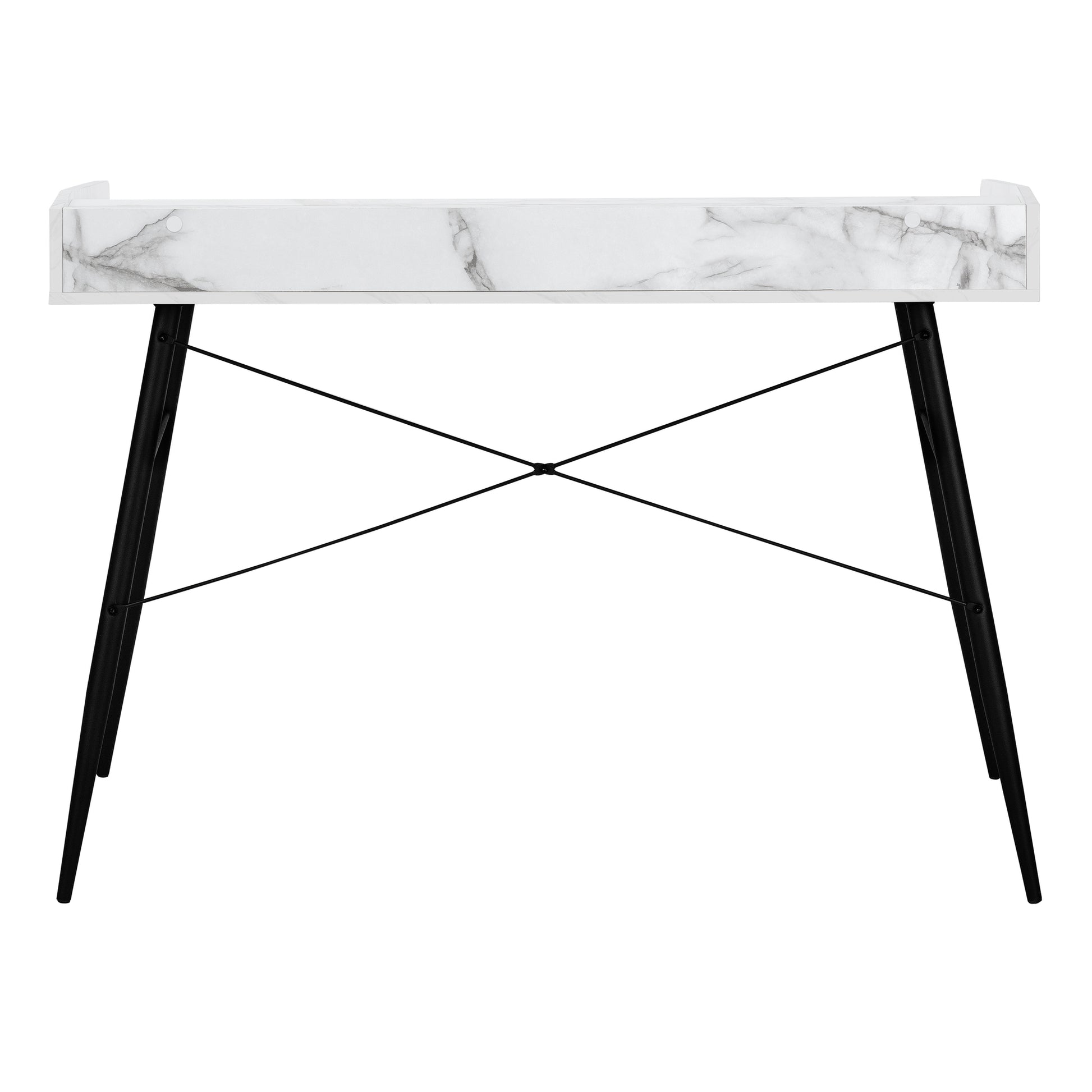 White marble desk with a single drawer and black tapered legs