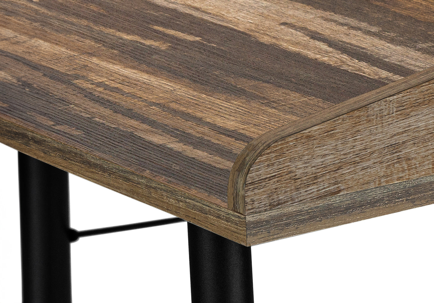 Rustic brown wood grain tabletop with rounded edge on a black metal leg ideal for a farmhouse desk