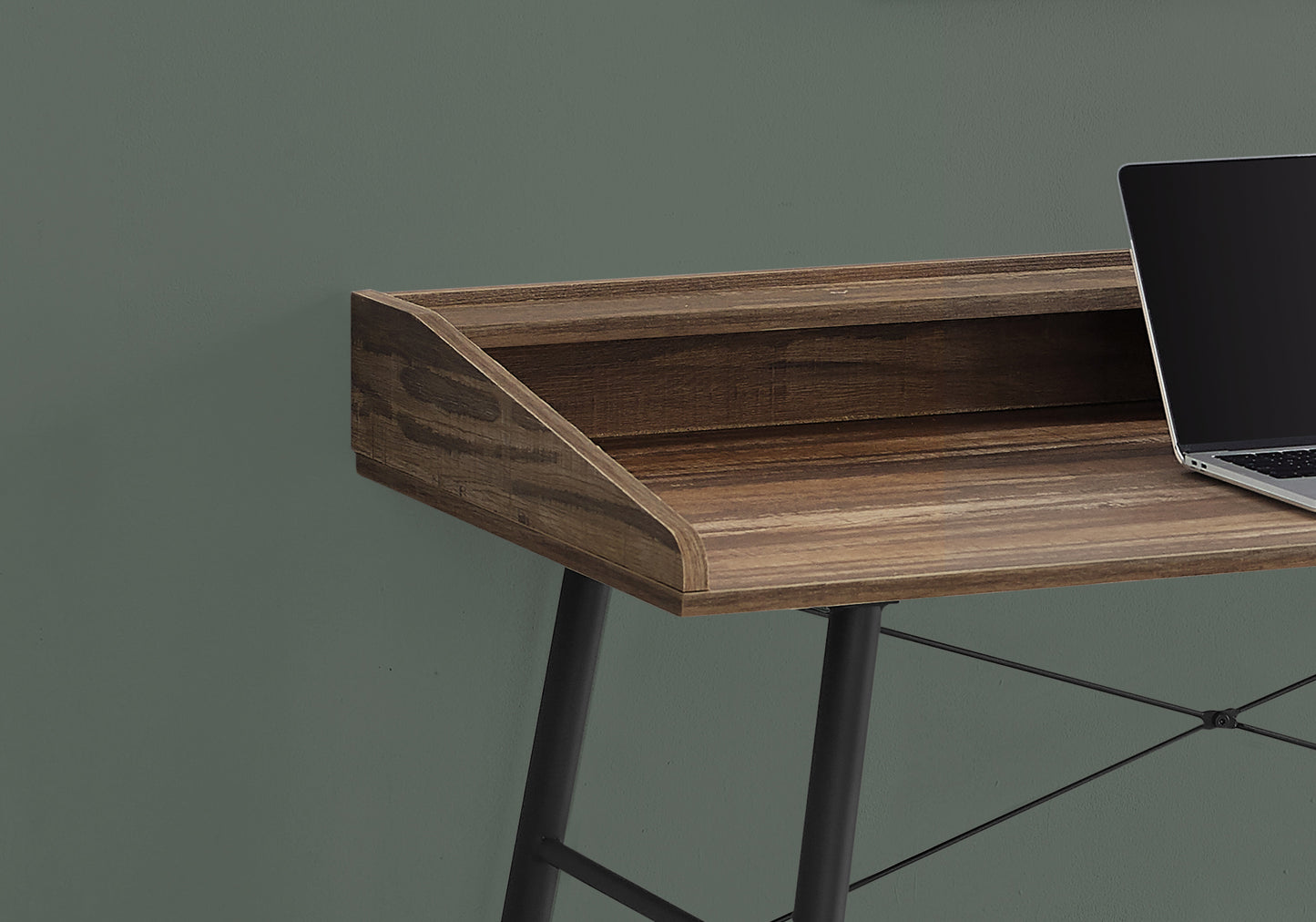 Rustic brown wood laptop desk with raised back shelf and metal legs perfect for home office