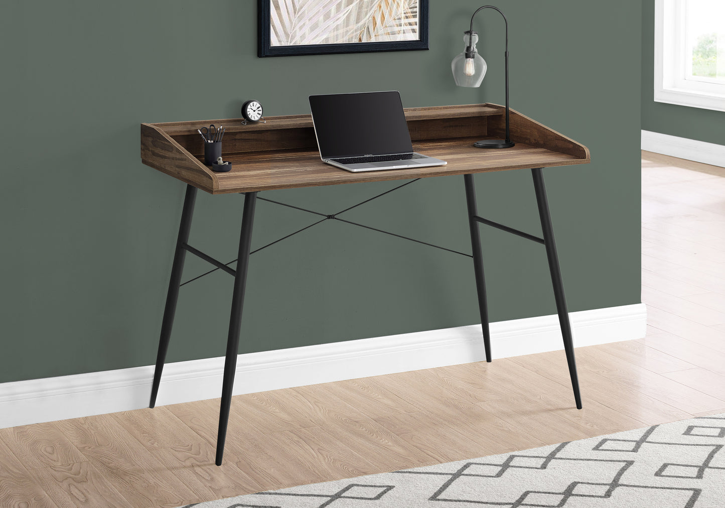 Midcentury modern wood writing desk with black metal legs
