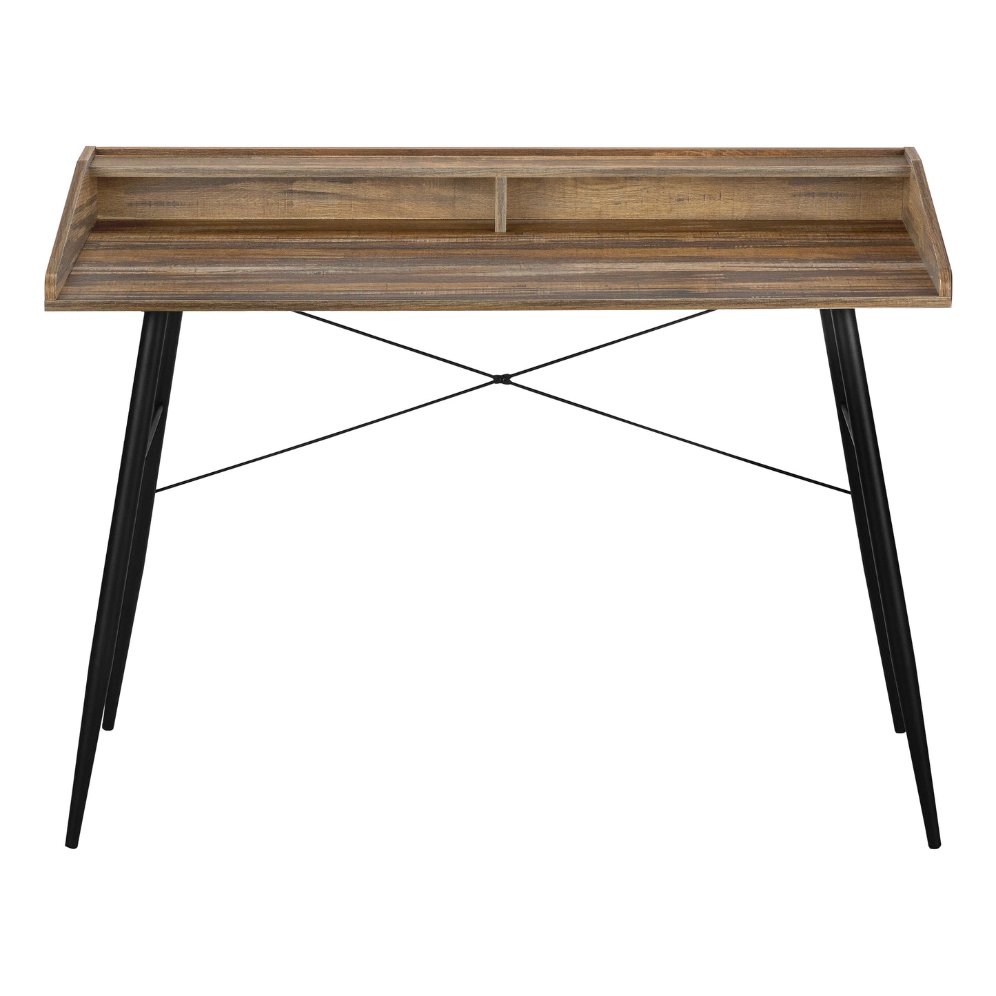 Rustic wood veneer writing desk with raised back shelf and black metal legs