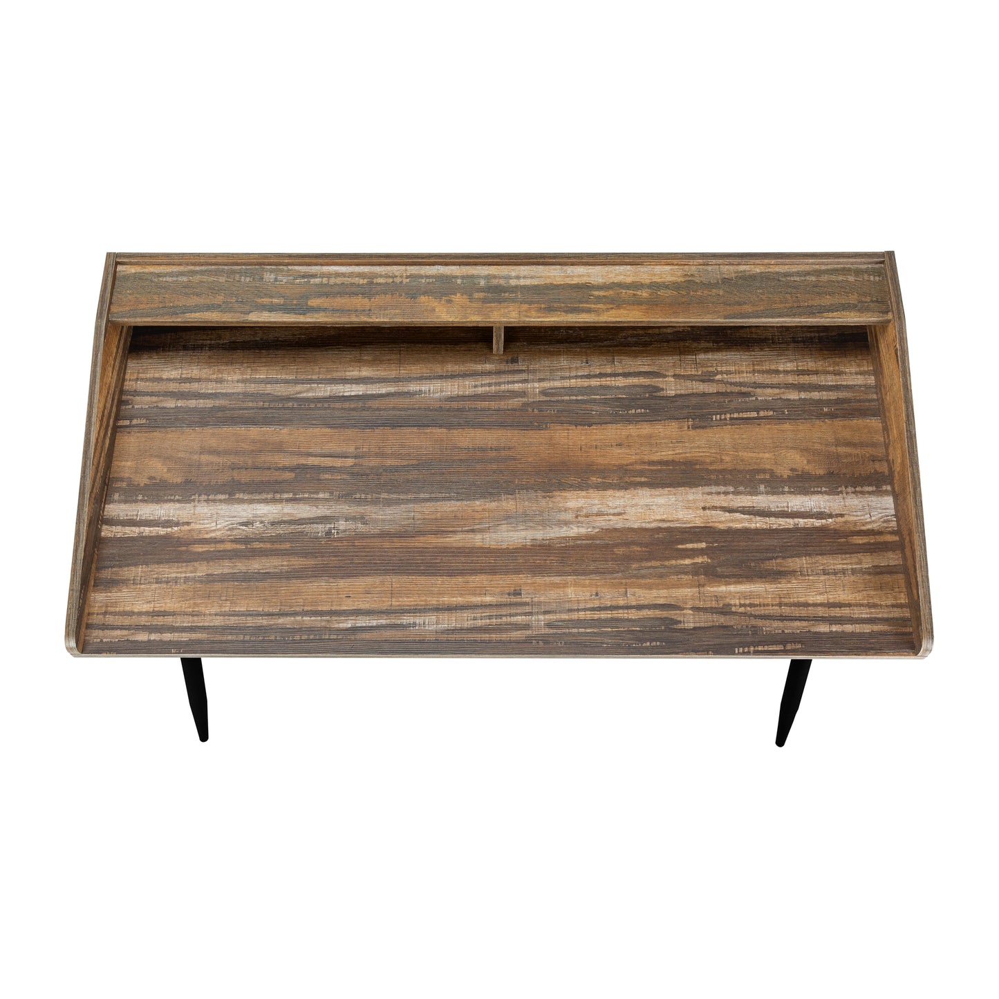 Distressed wood desk with a raised back lip and black metal legs modern farmhouse style