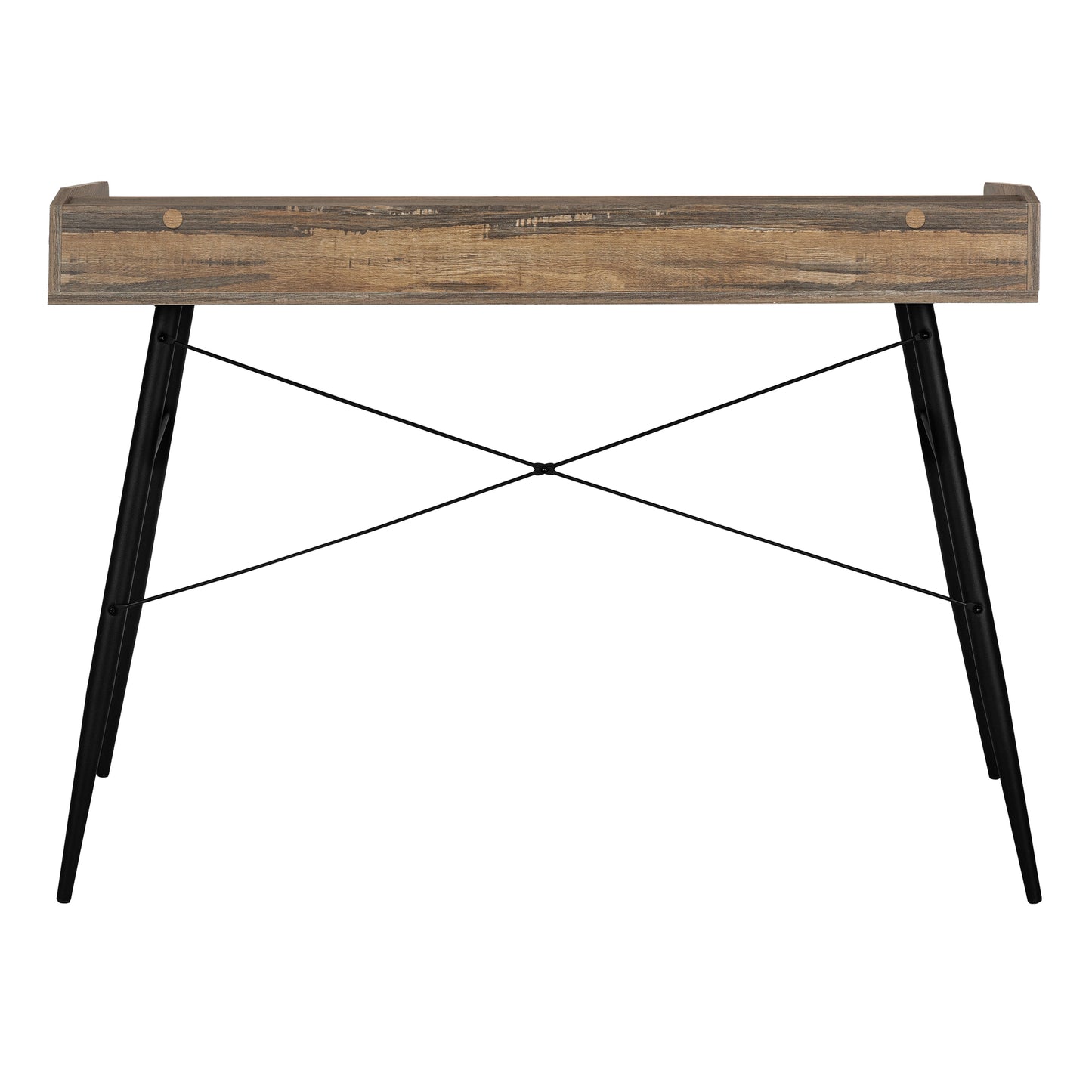 Rustic wood grain desk with black hairpin legs and cross brace support