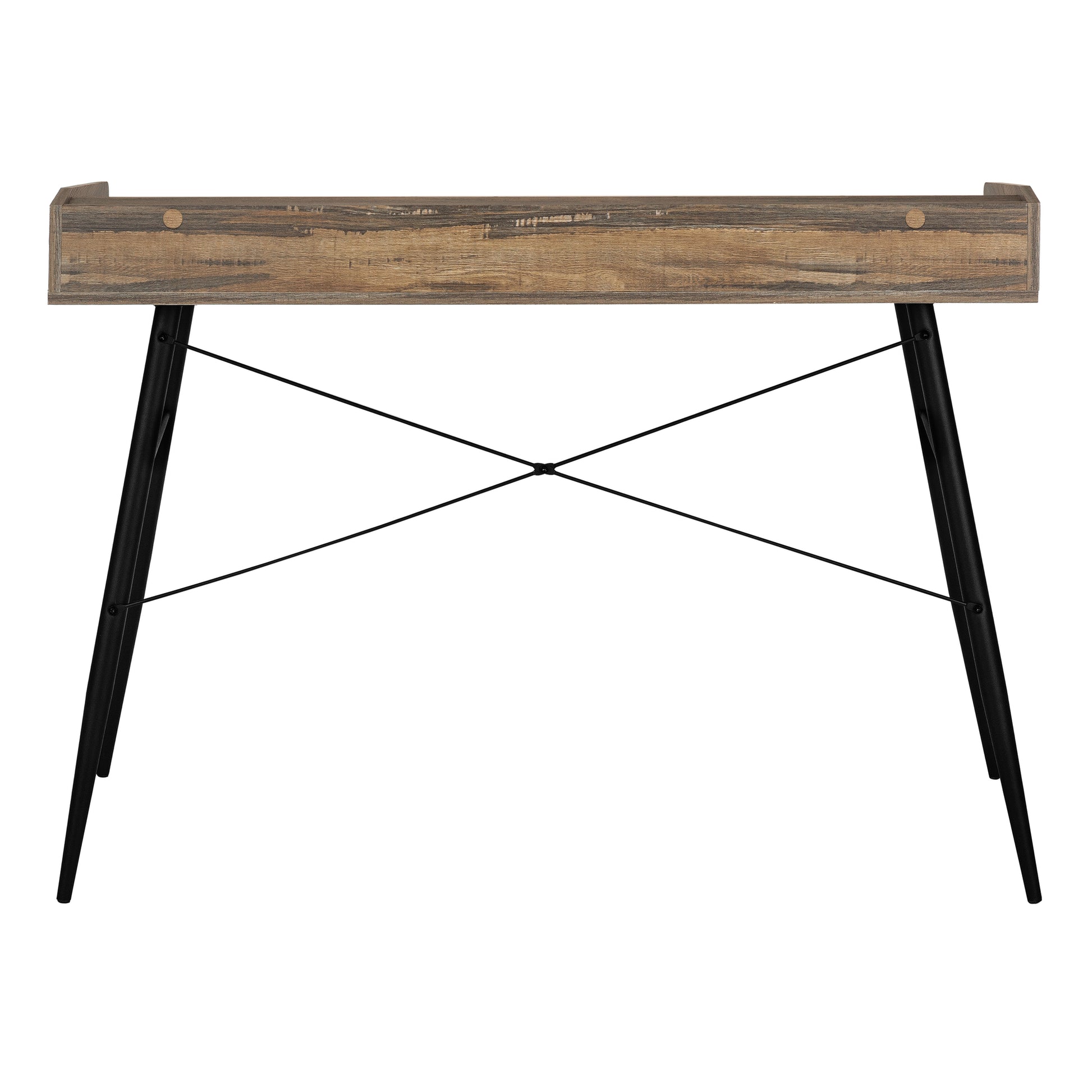 Rustic wood grain desk with black hairpin legs and cross brace support