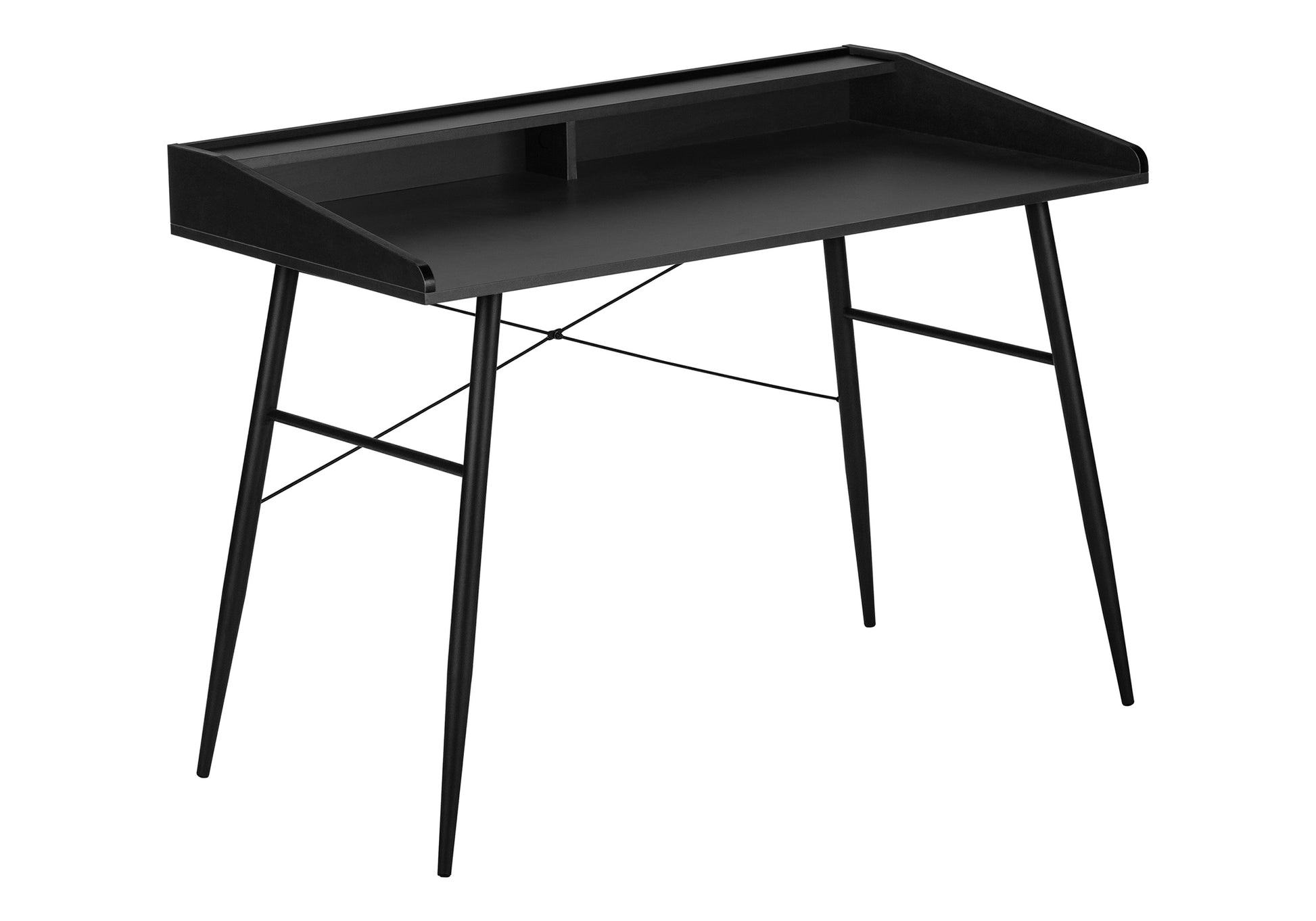 Sleek black writing desk with a raised shelf and thin metal legs perfect for a minimalist home office setup
