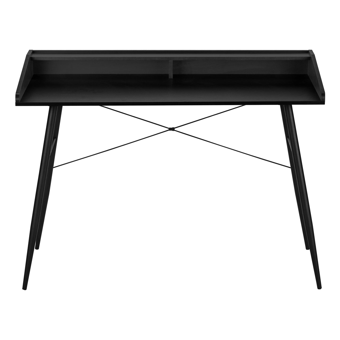 Black modern desk with a raised shelf and tapered legs