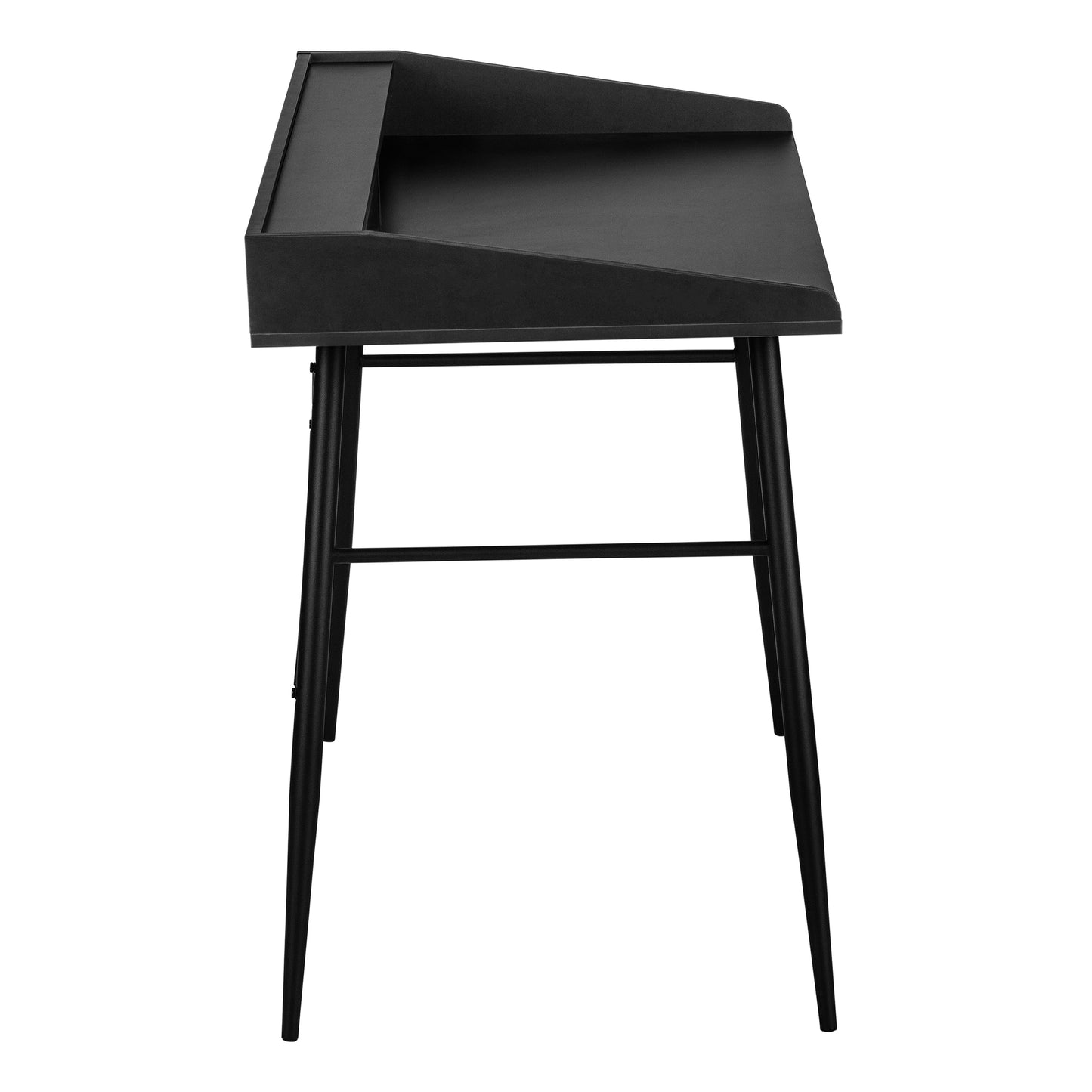Sleek black modern desk with angled legs and a raised monitor shelf for home office setup