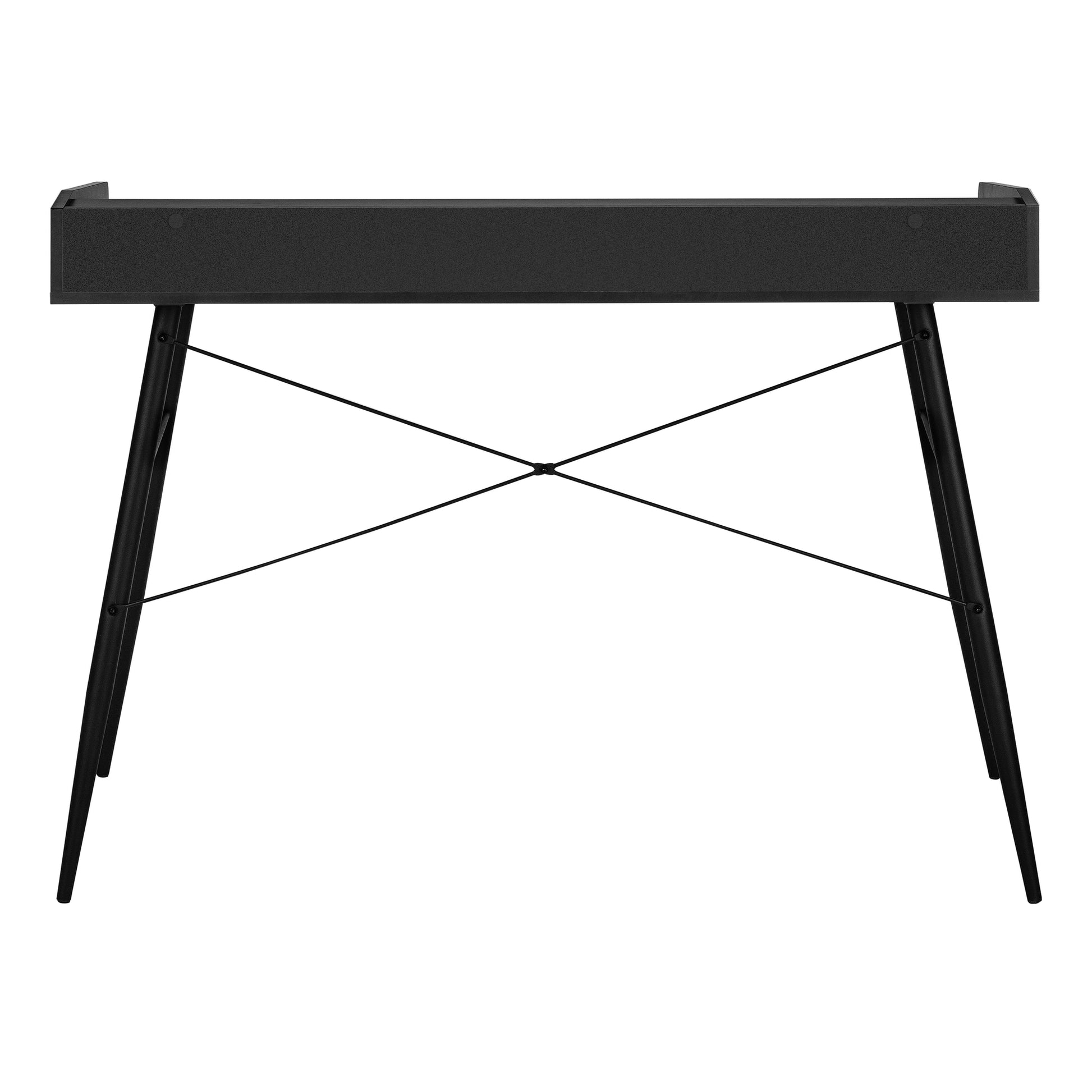 Black modern console table with tapered legs and crossbar support