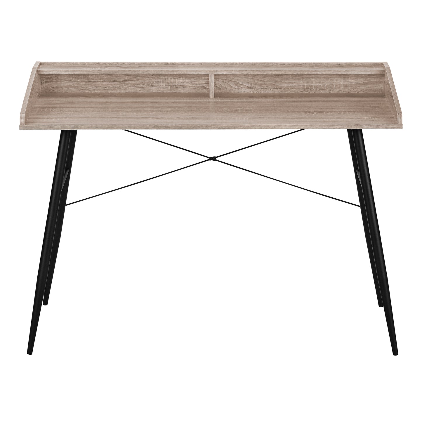 Light wood writing desk with black tapered legs and a raised back shelf
