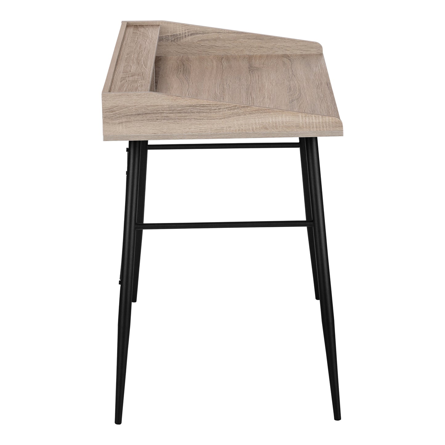 Minimalist light oak writing desk with angled surface and black metal legs