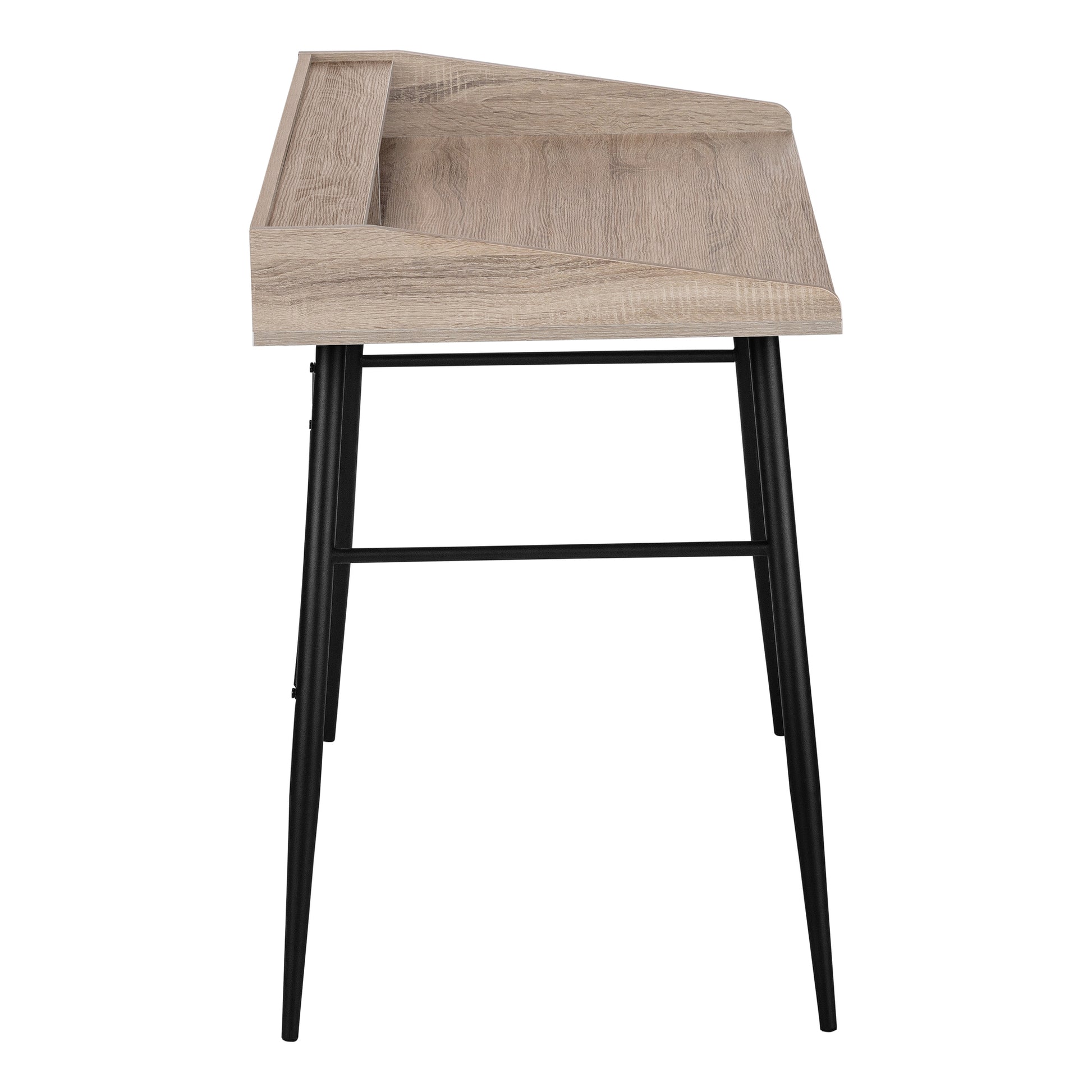 Minimalist light oak writing desk with angled surface and black metal legs