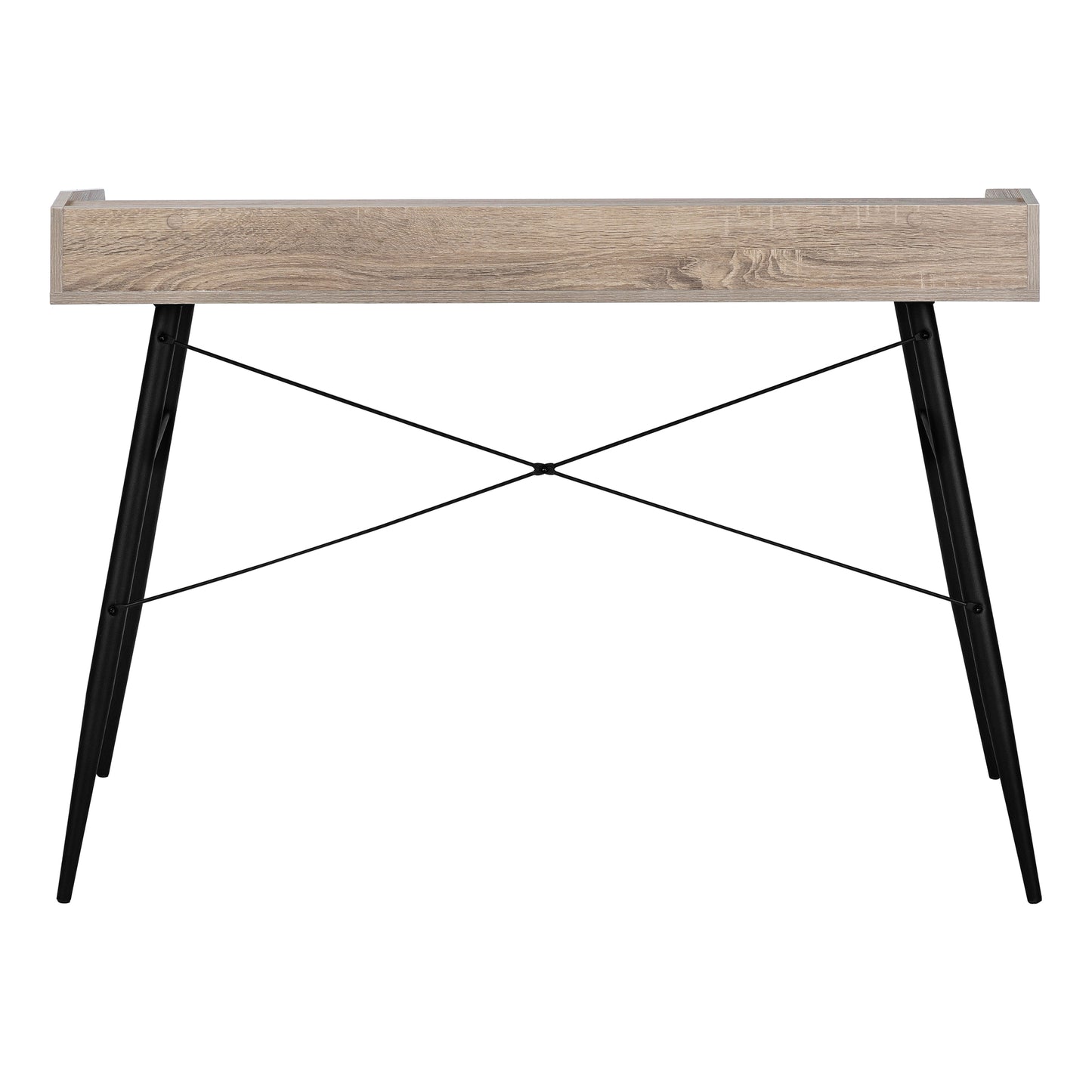 Light brown wood grain desk with black tapered legs and cross bracing