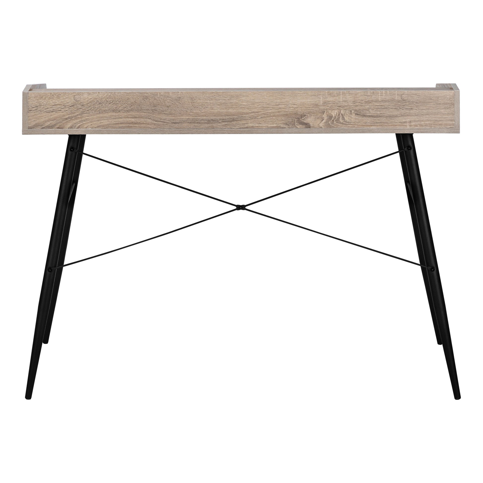 Light brown wood grain desk with black tapered legs and cross bracing