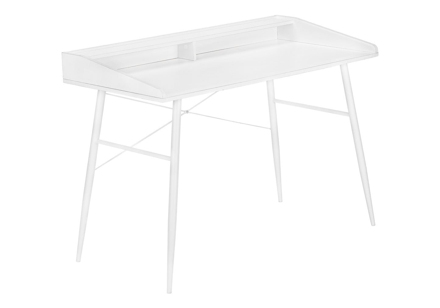 Minimalist white metal writing desk with integrated shelf and tapered legs