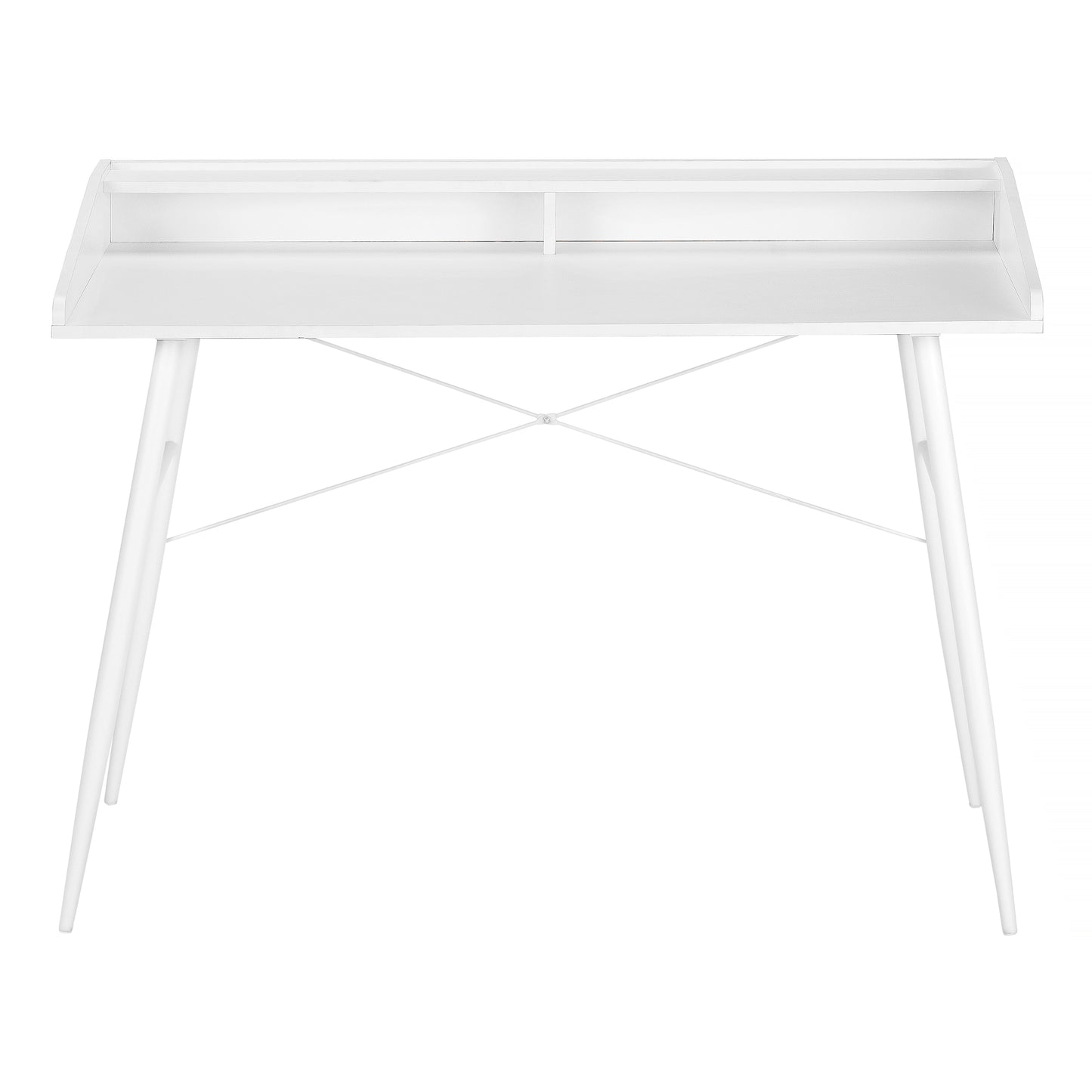 Minimalist white writing desk with tapered legs and integrated shelving perfect for home offices