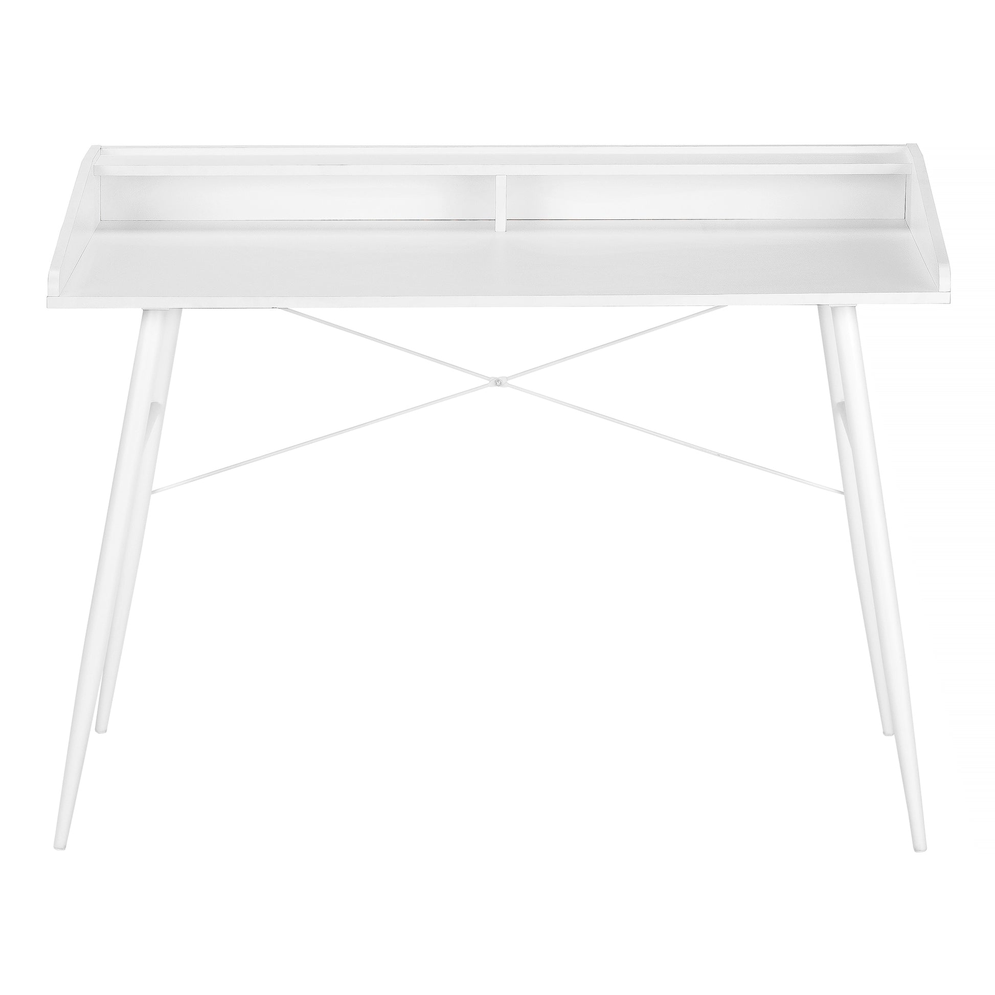 Minimalist white writing desk with tapered legs and integrated shelving perfect for home offices