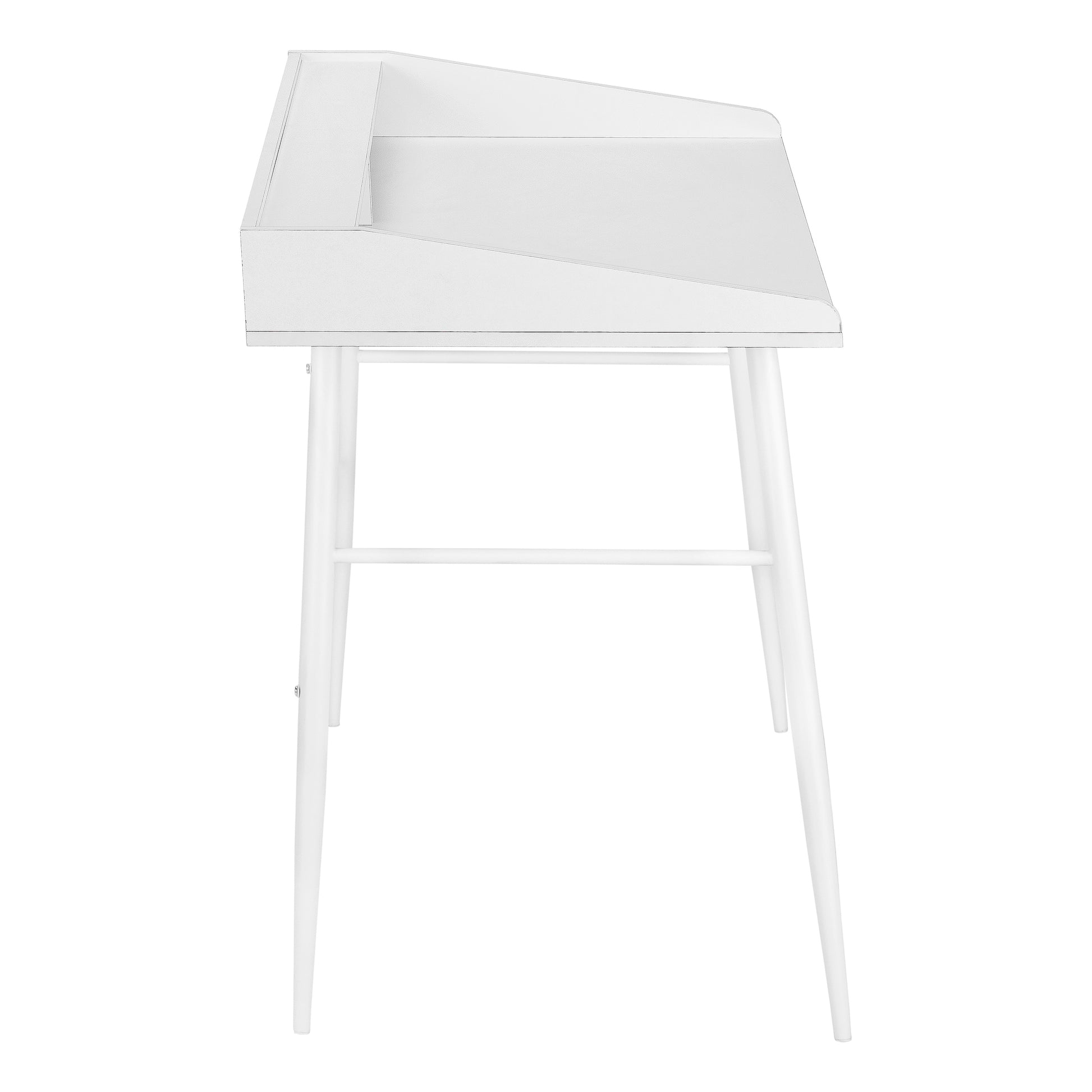 Sleek white wooden writing desk with angled legs and a tiered top surface for modern home office style