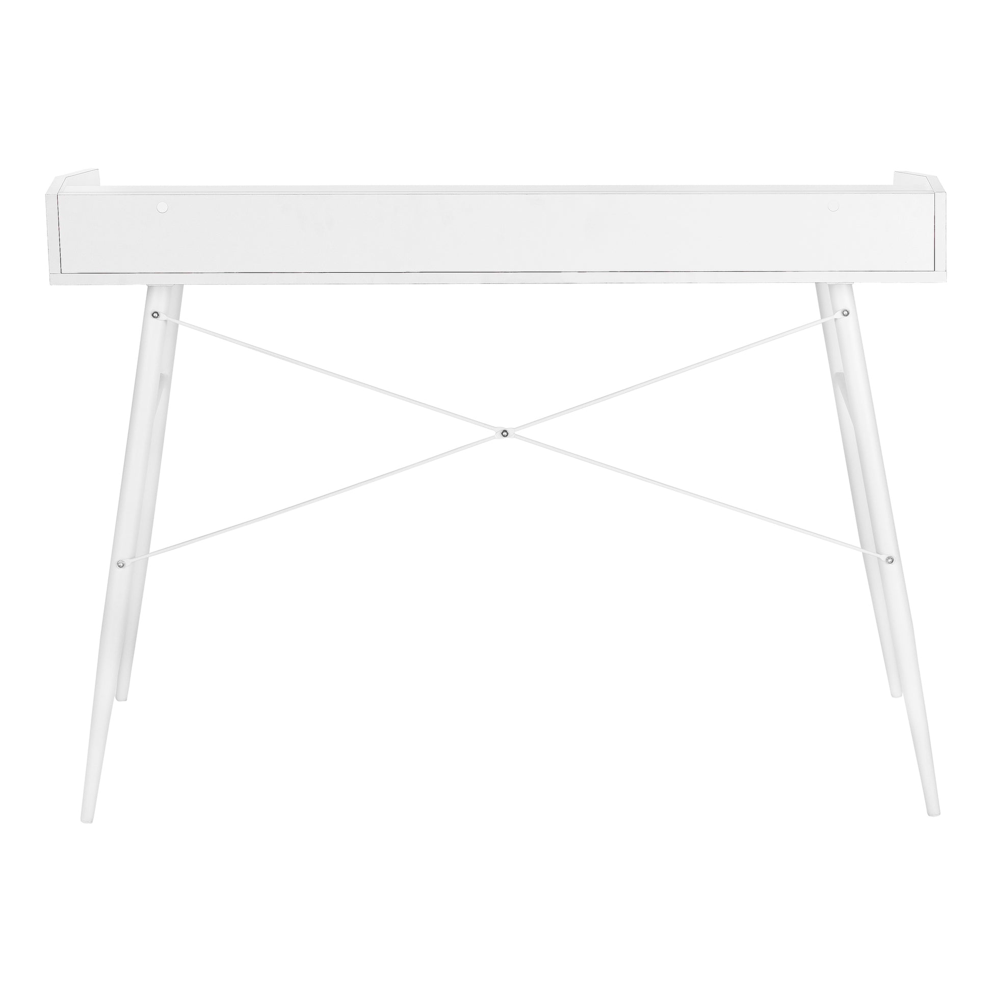 Minimalist white writing desk with slim metal legs and single drawer for home office