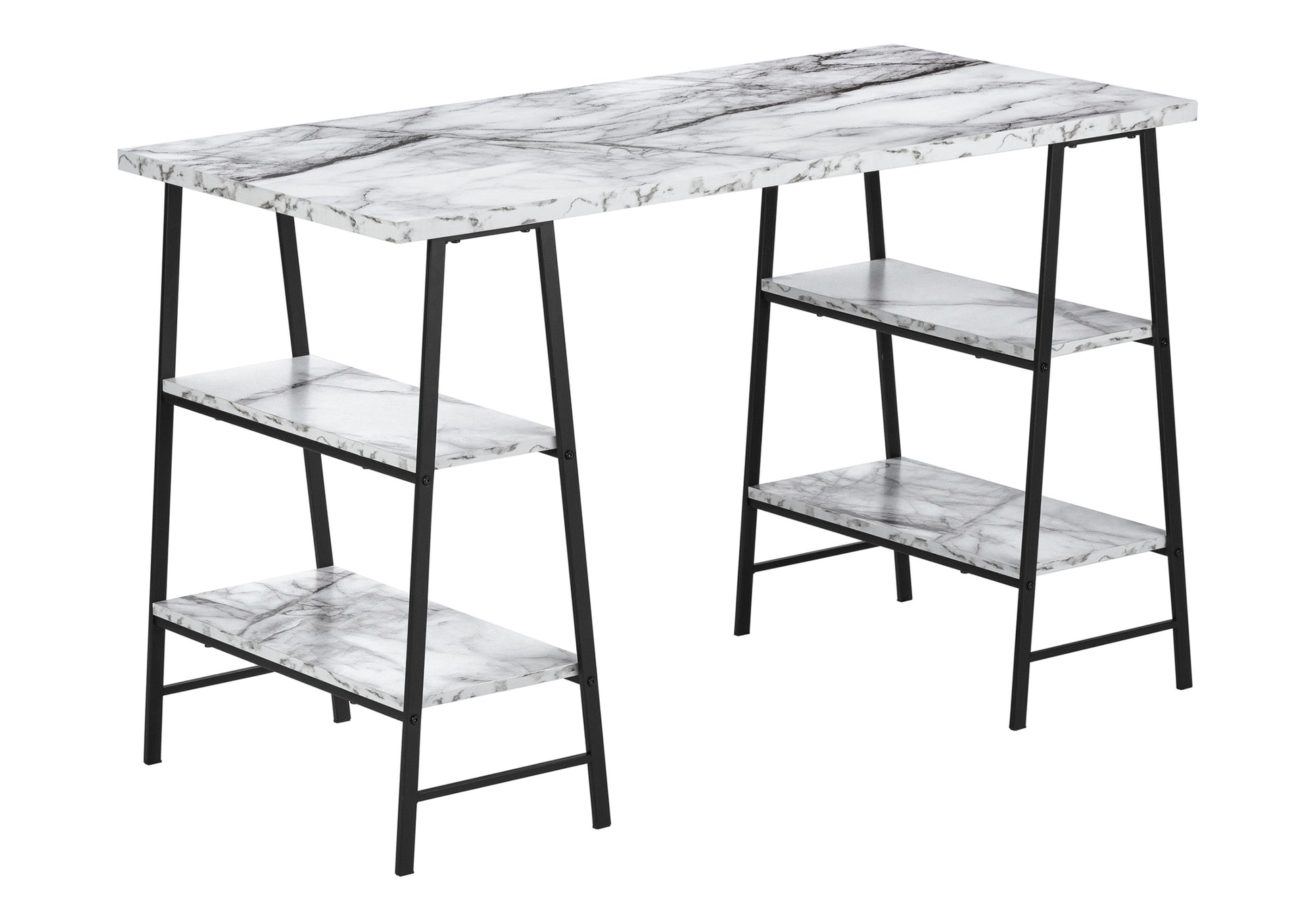 Modern marble desk with black metal frame and integrated shelving