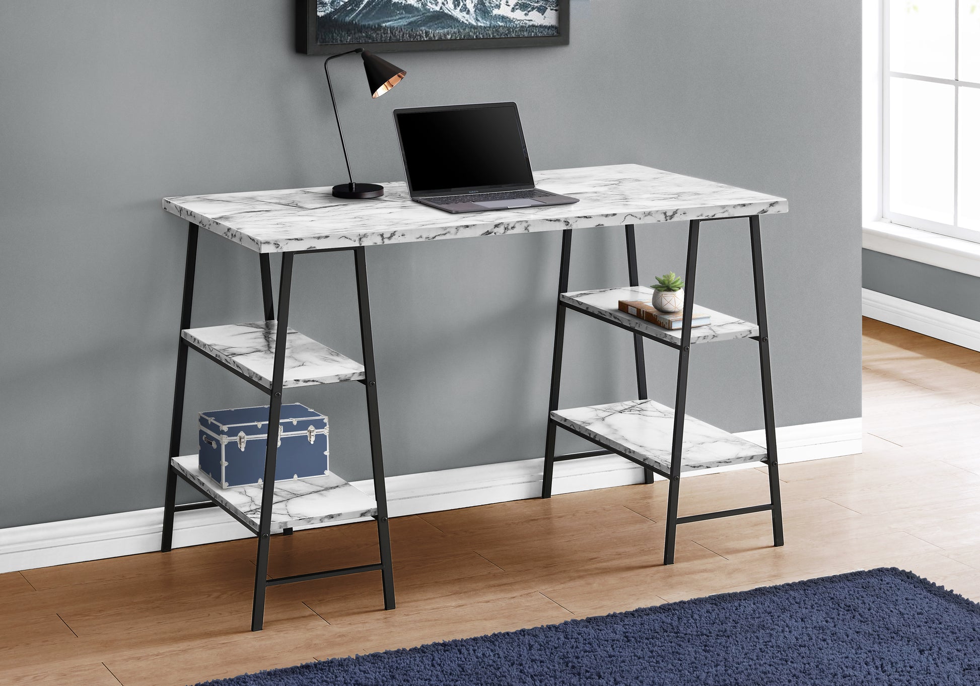 Modern marble desk with black metal frame and integrated shelves