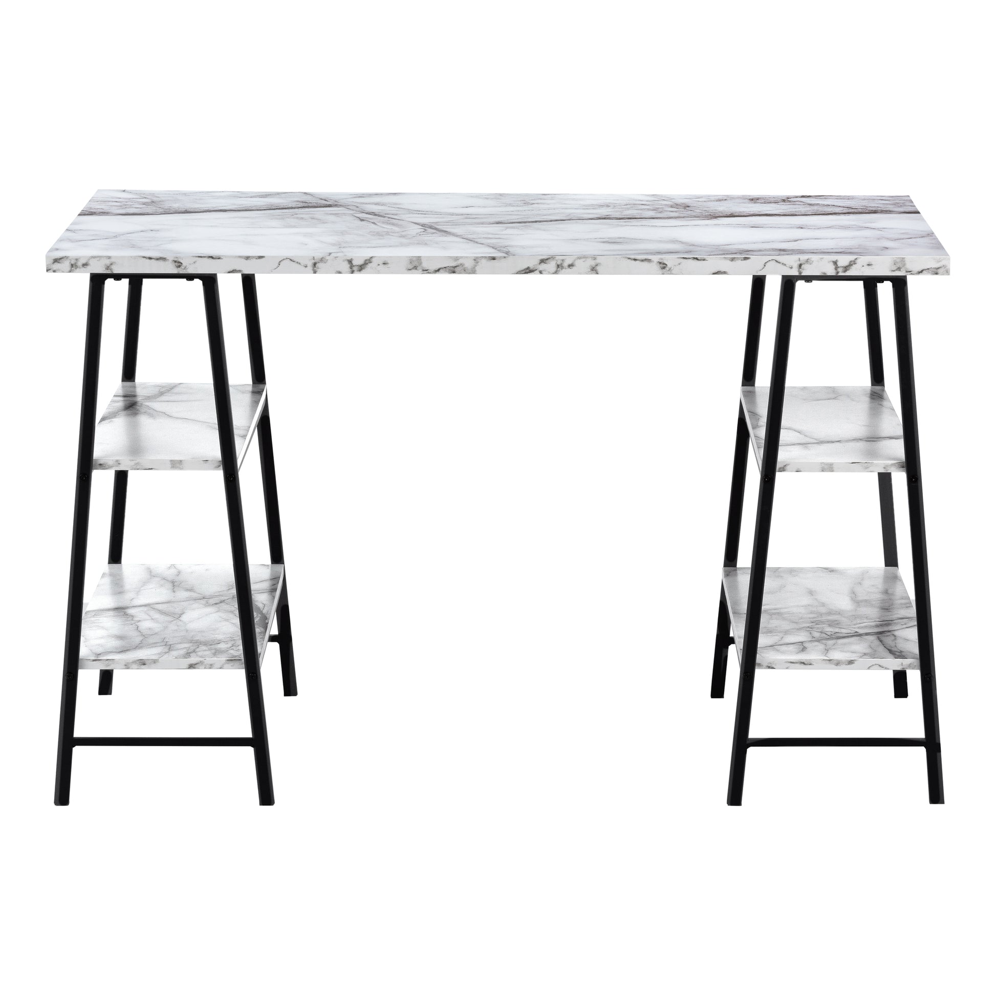 Modern marble effect desk with black metal frame and two shelves