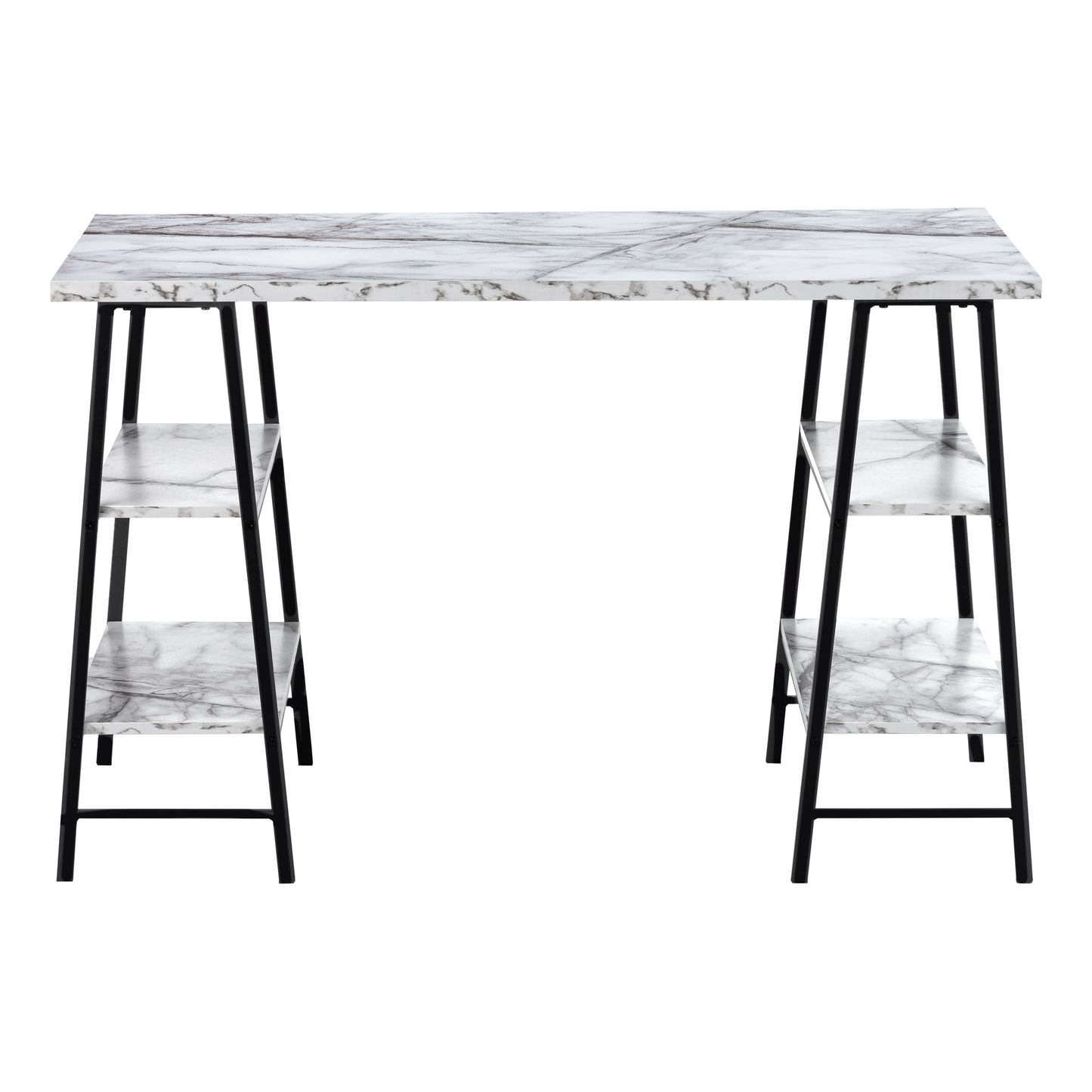 Modern white marble desk with black metal legs and three shelves