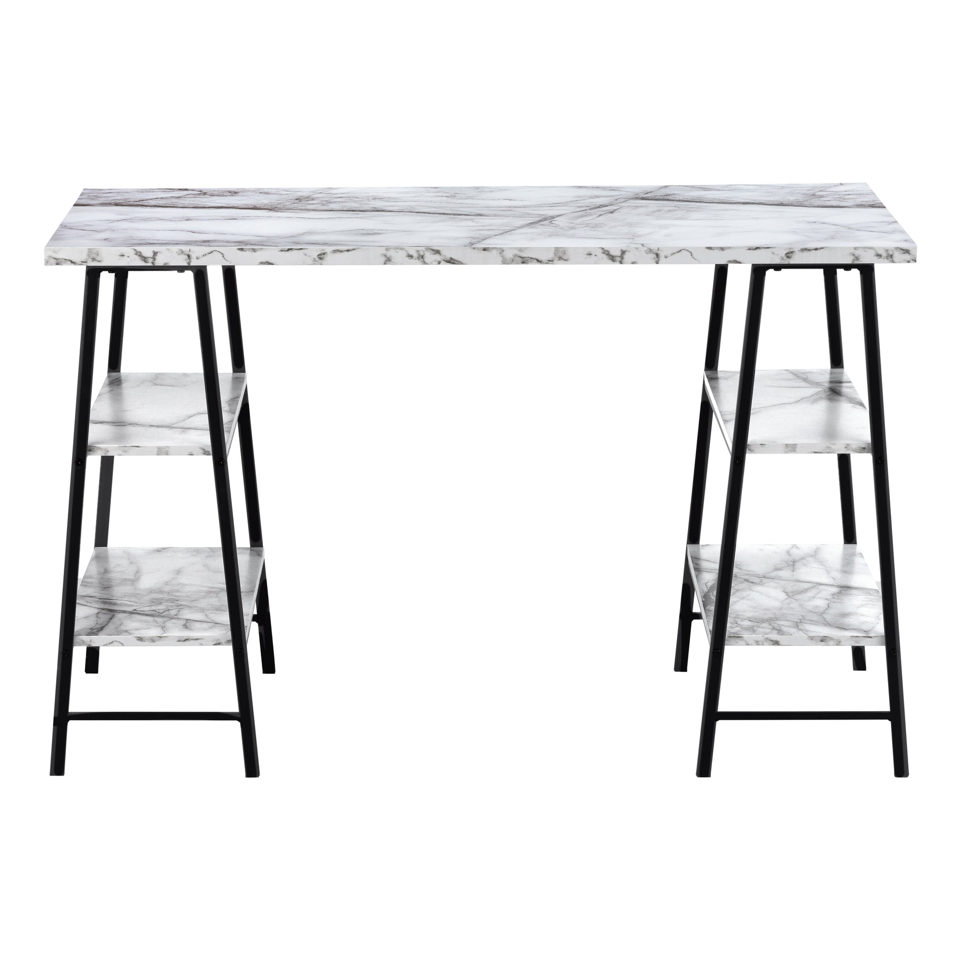 Modern white marble desk with black metal legs and three shelves