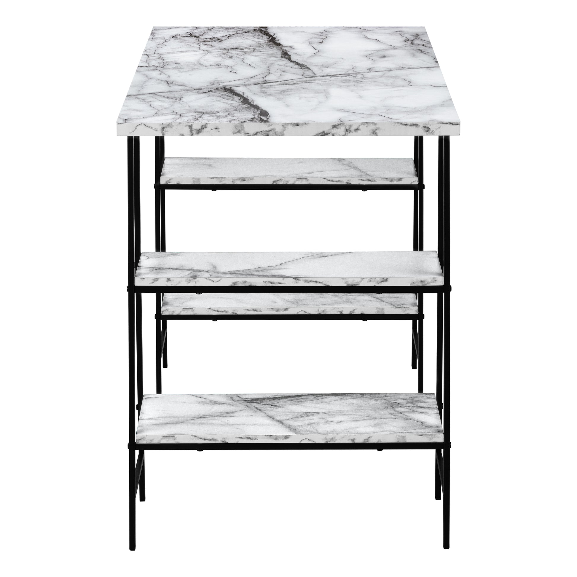 Elegant marble effect tiered shelf unit with black metal frame ideal for stylish storage