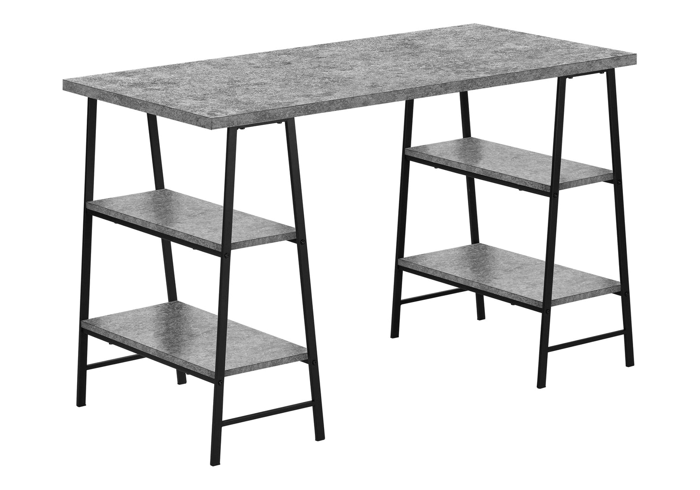 Modern concretelook desk with black metal frame and integrated shelving