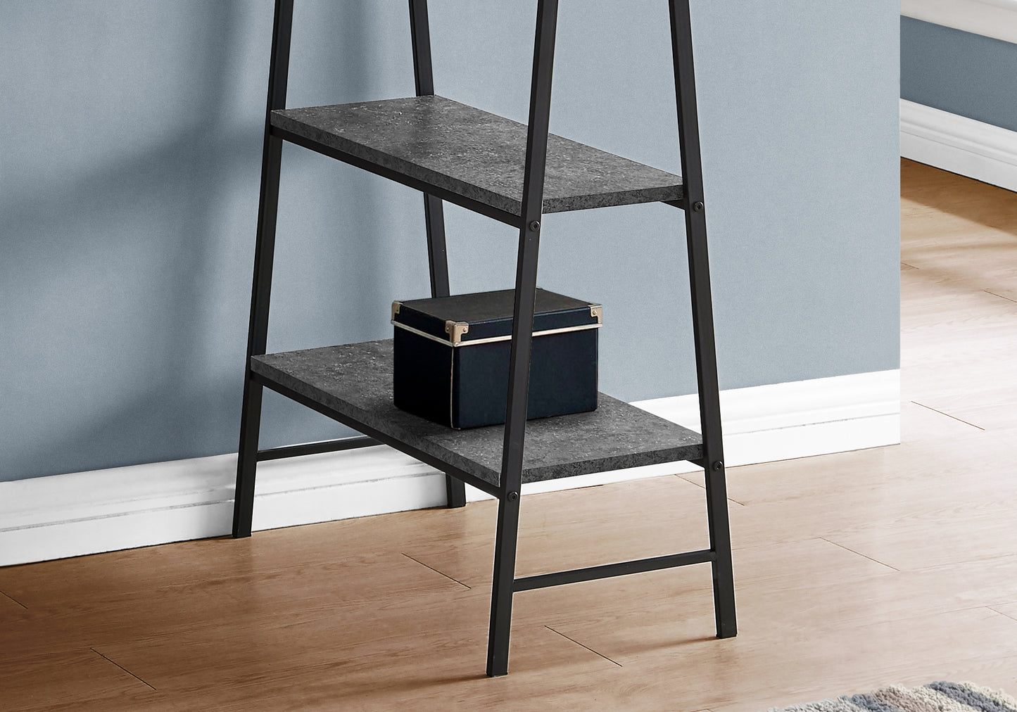 Modern ladder shelf with slate gray shelves and black metal frame