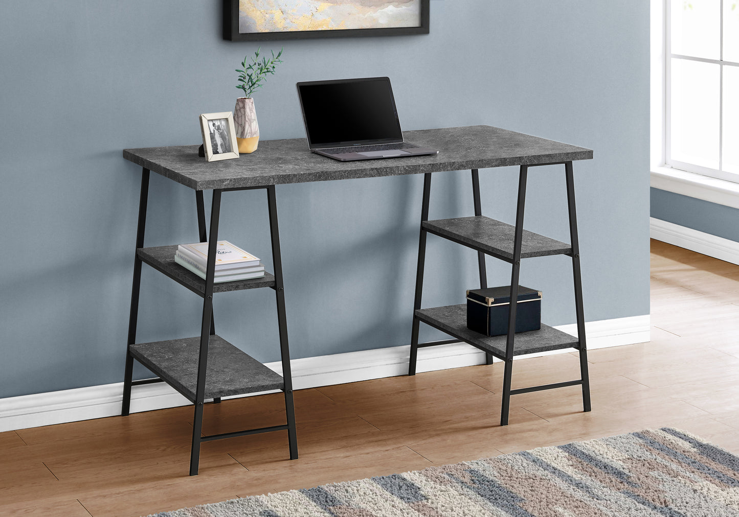 Modern gray stonelook desk with integrated shelves for a stylish home office setup