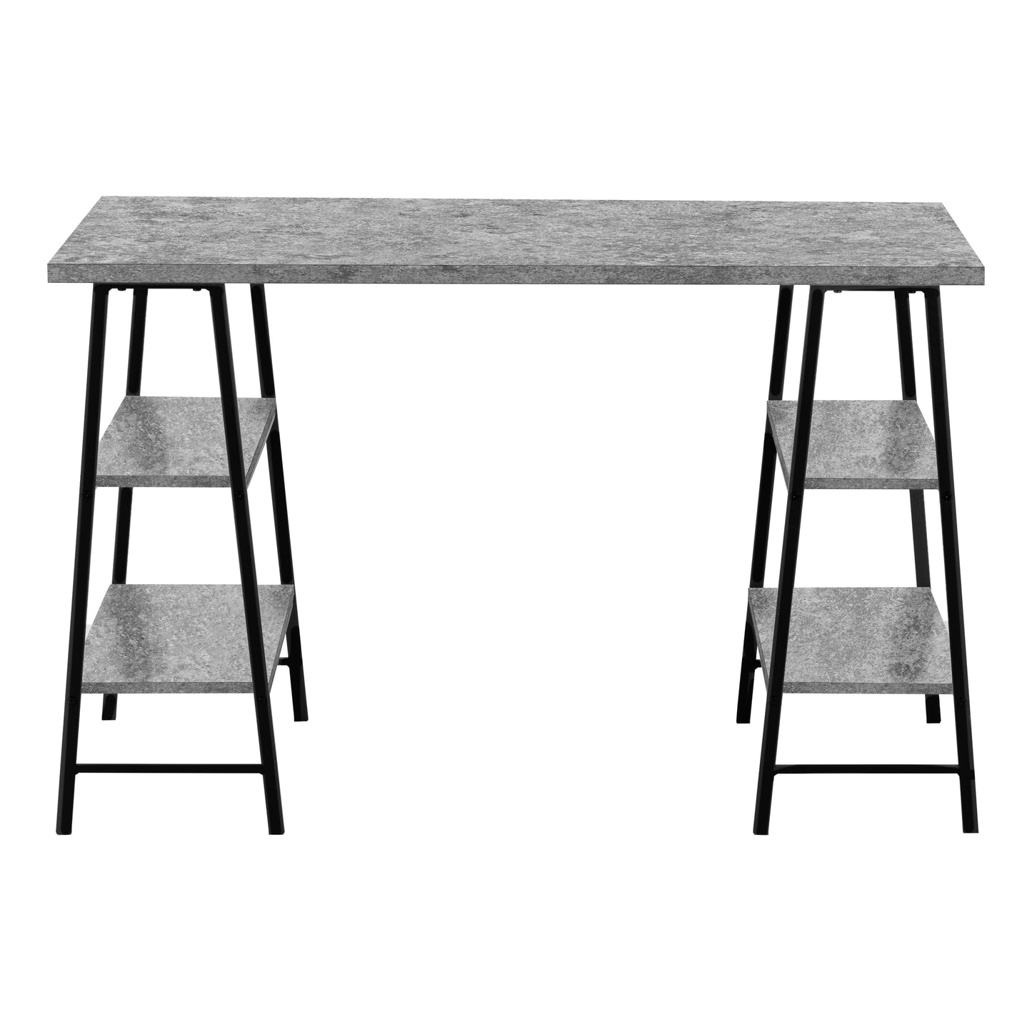 Modern industrial desk with grey faux wood top and black metal legs  characters