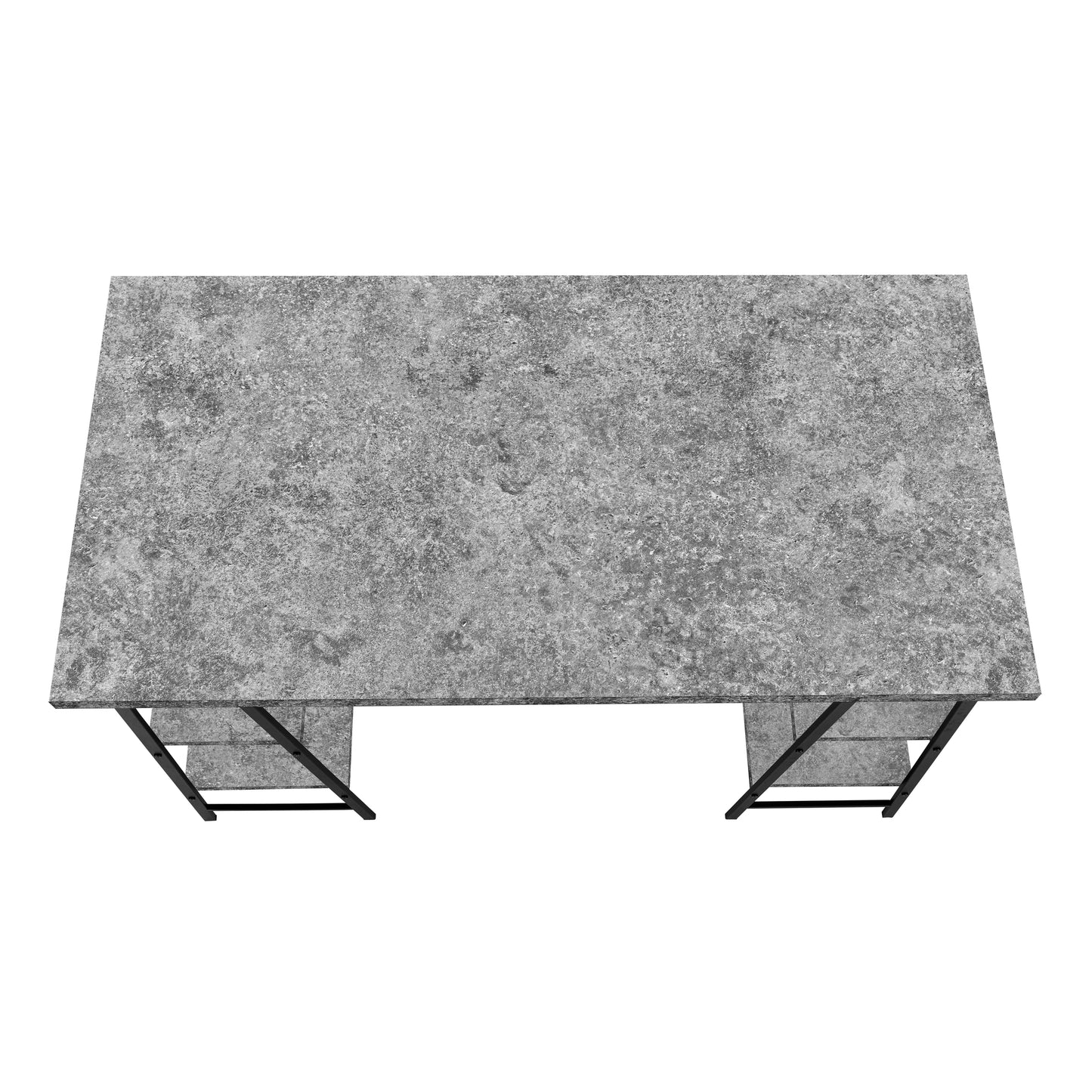 Modern grey stone desk with black metal frame and open shelving