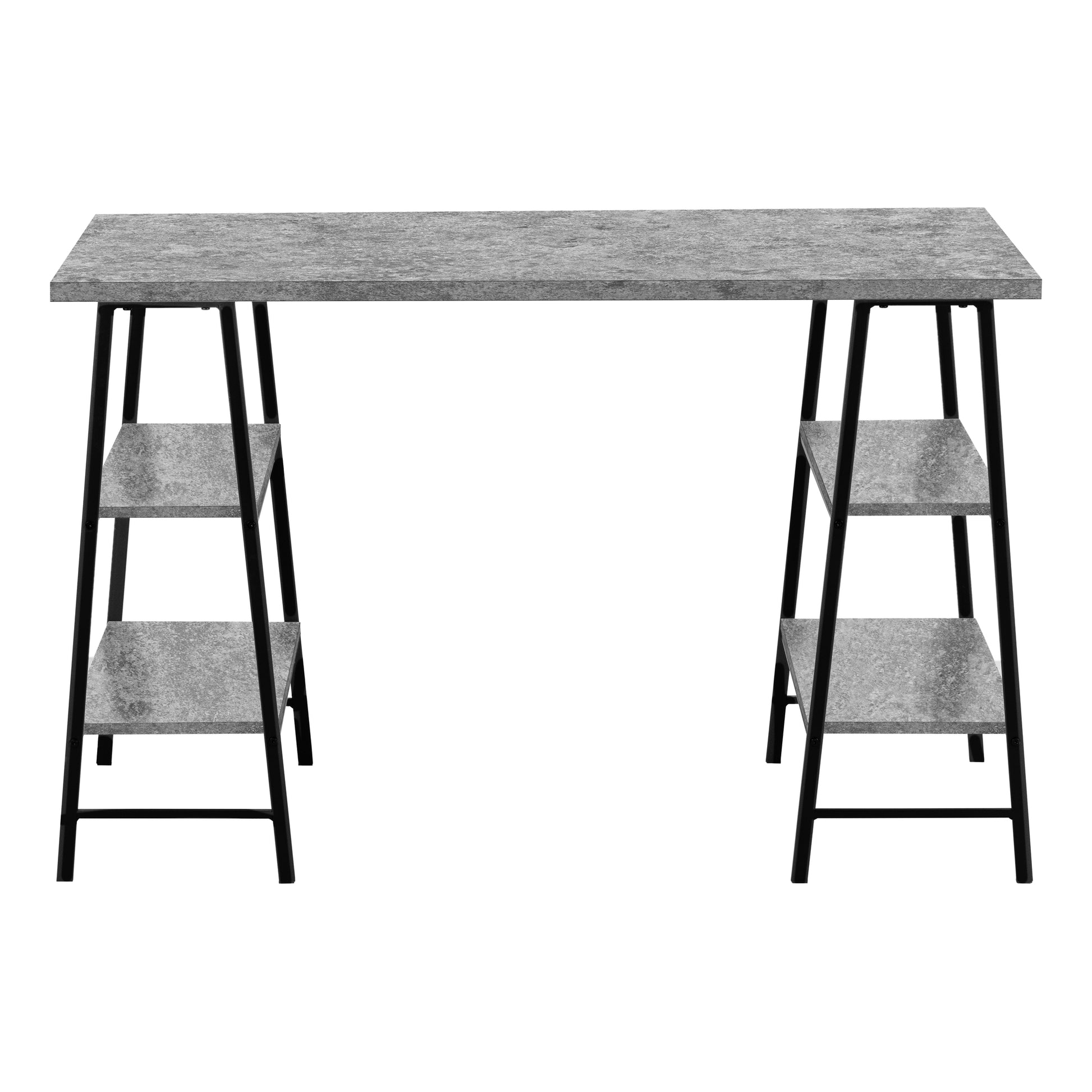 Industrialstyle desk with faux concrete top and black metal frame featuring builtin shelves