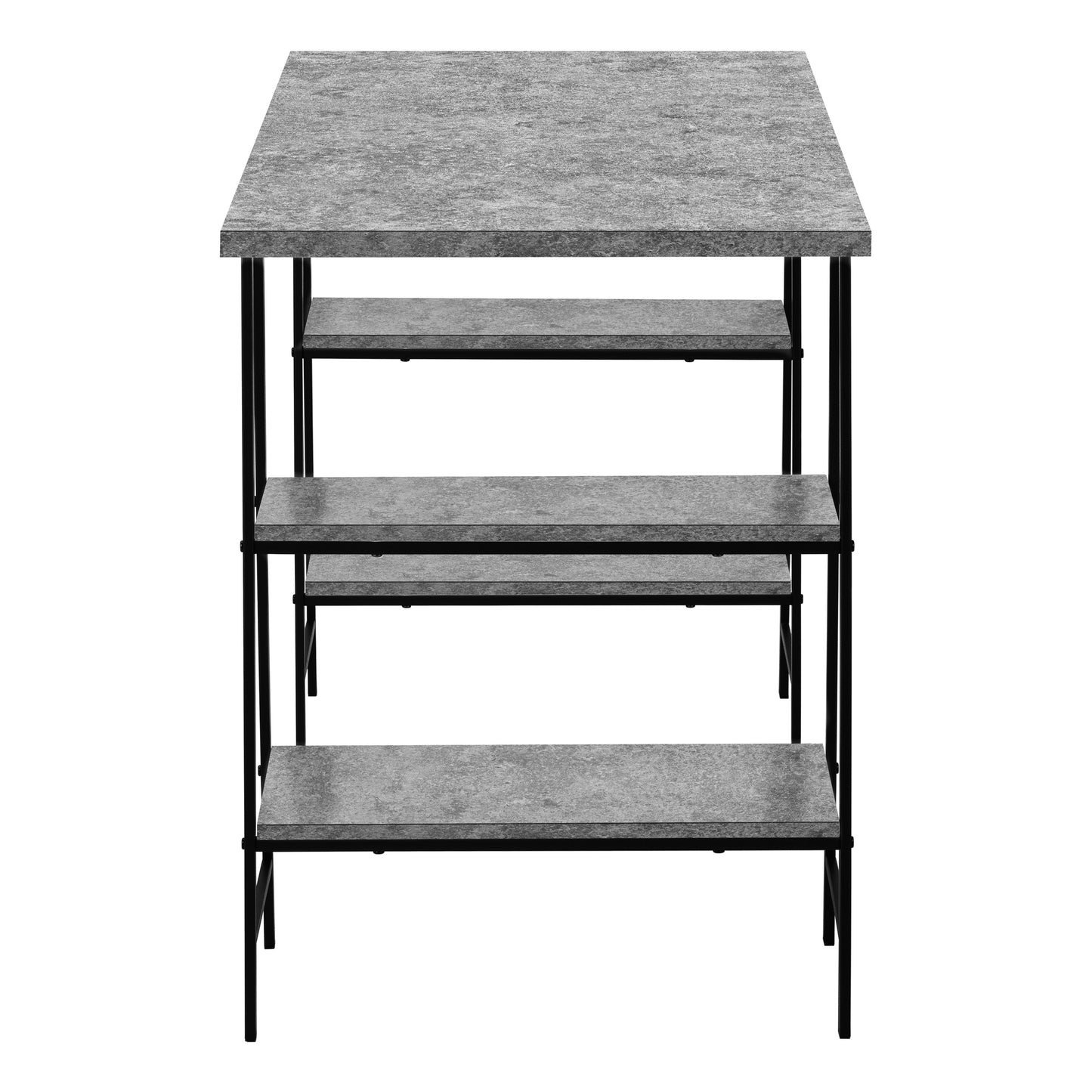 Minimalist fourtier bookshelf with a grey stoneeffect finish and black metal frame
