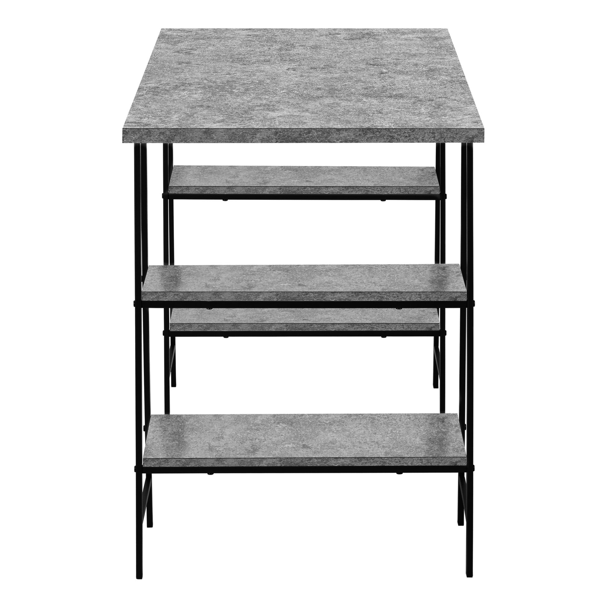 Minimalist fourtier bookshelf with a grey stoneeffect finish and black metal frame
