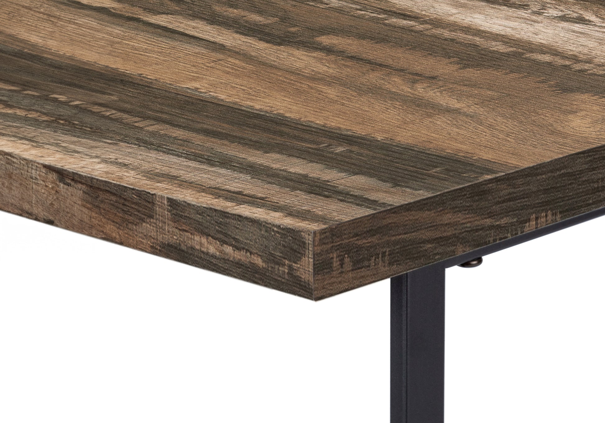 Closeup of rustic distressed wood tabletop with dark brown and grey grain