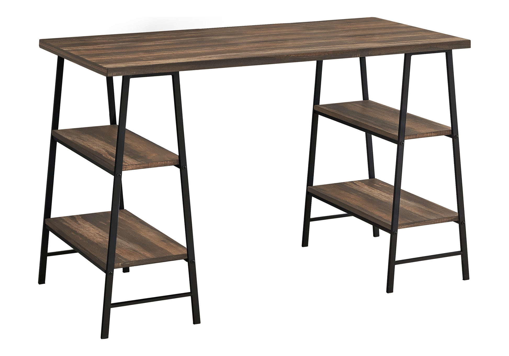 Rustic wood computer desk with black metal frame and open shelving