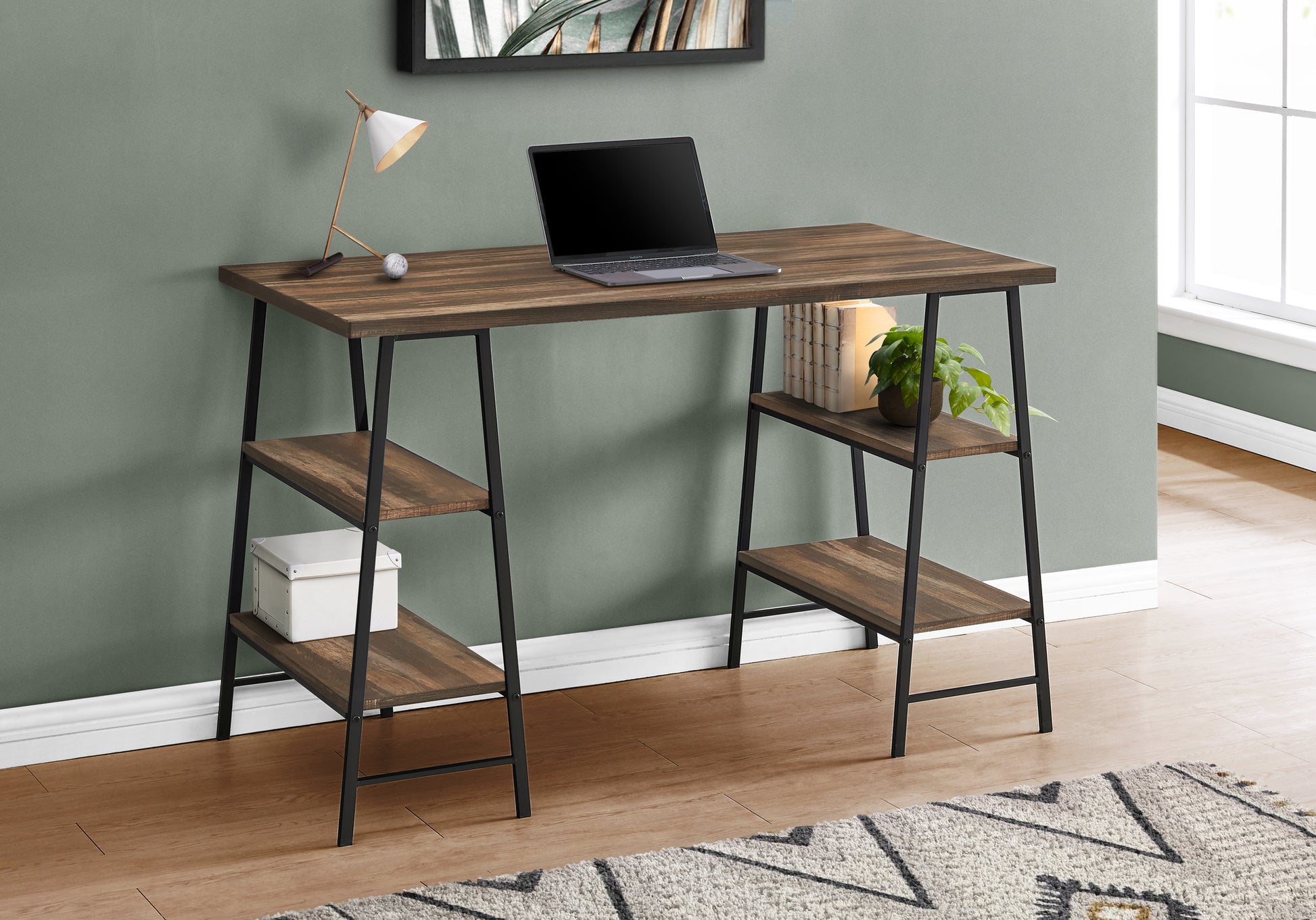 Rustic wood writing desk with black metal frame and open shelving