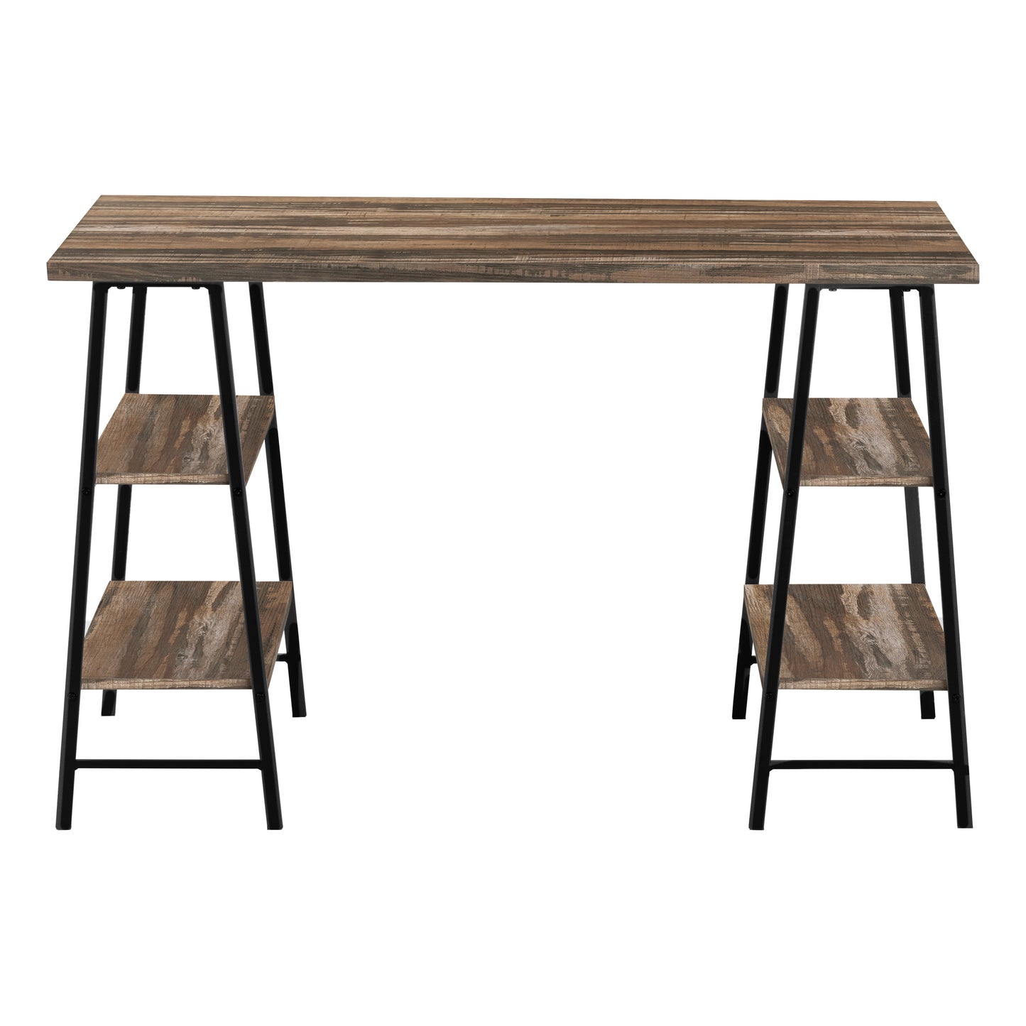 Rustic brown wood grain desk with black metal frame and integrated shelves for a home office