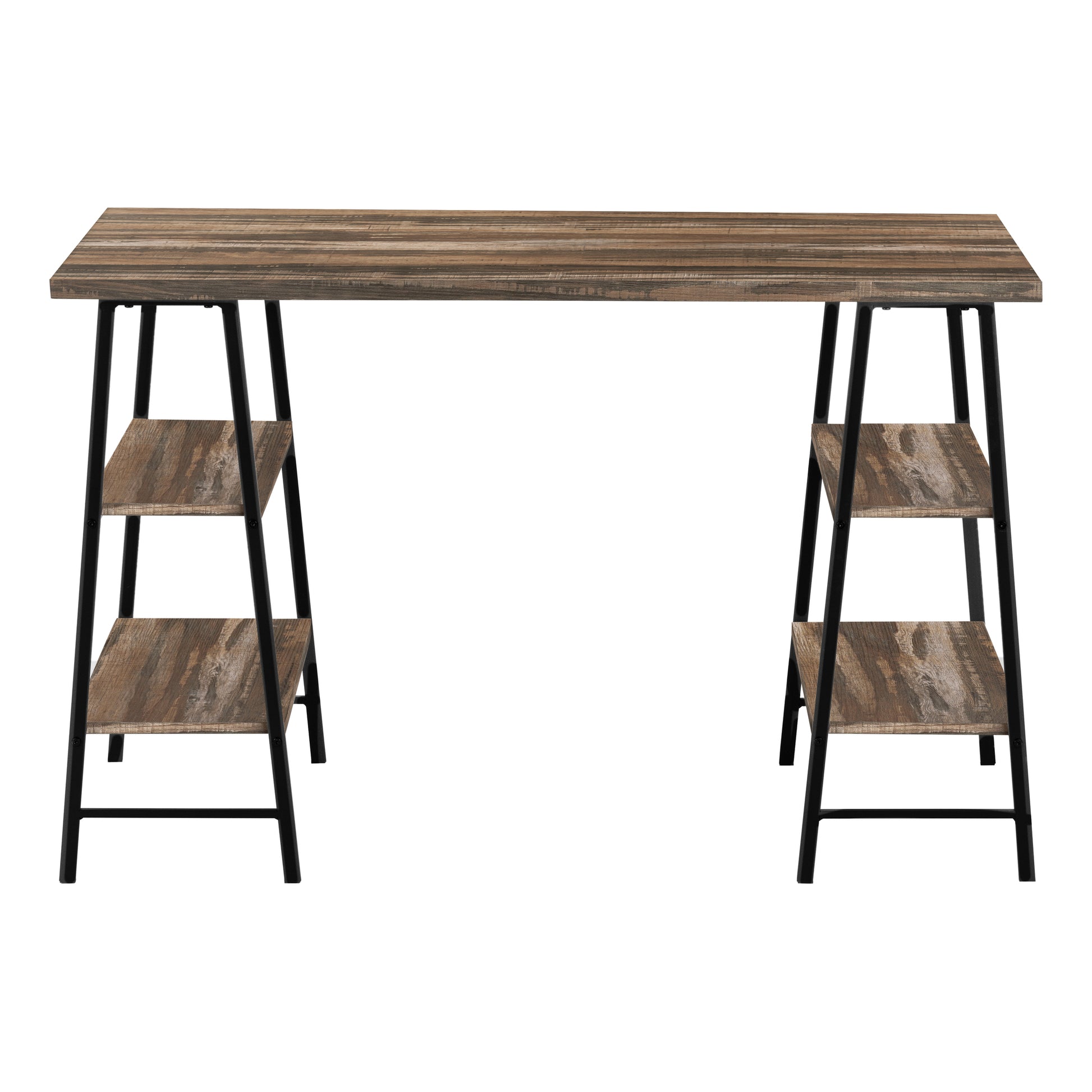 Rustic brown wood grain desk with black metal frame and integrated shelves for a home office