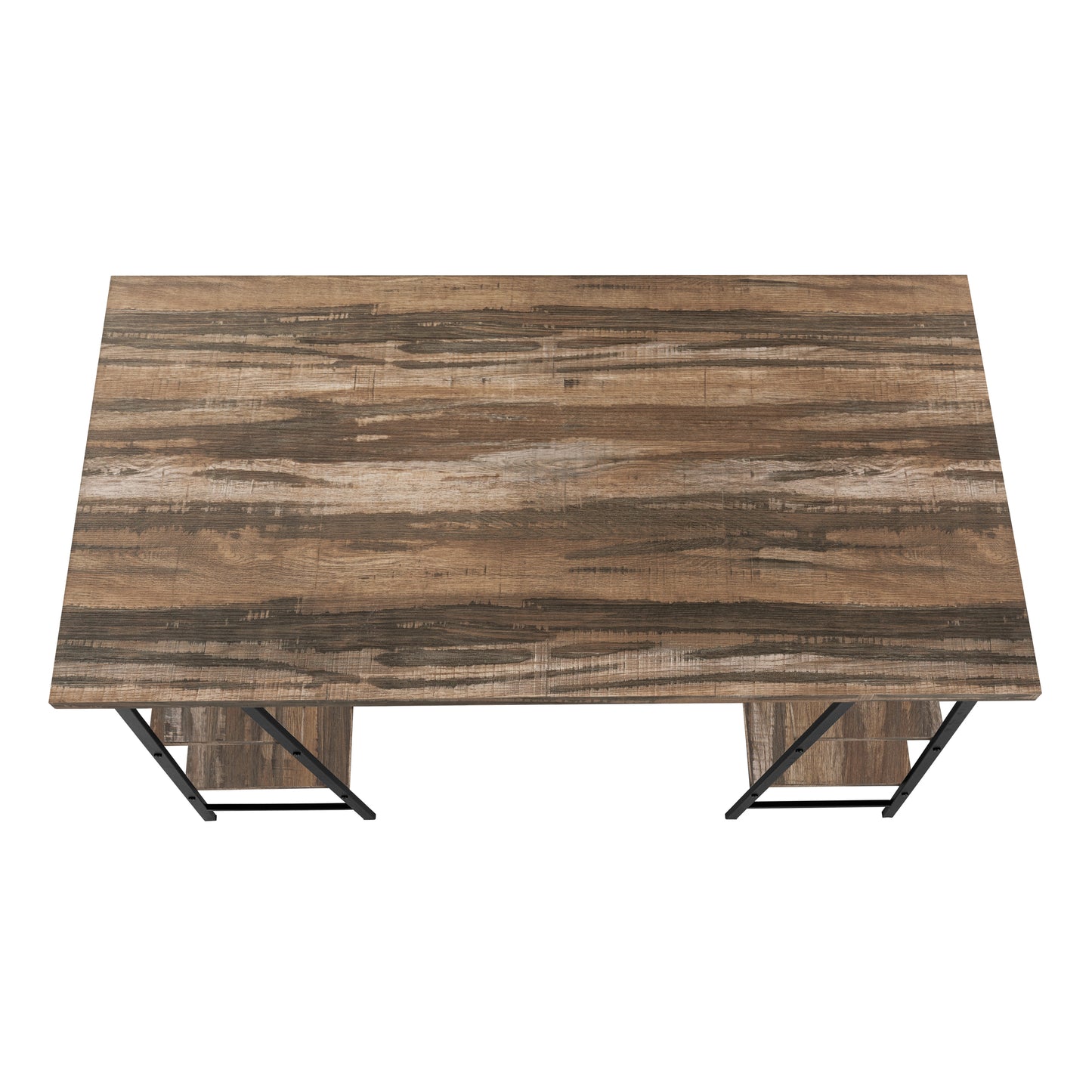 Rustic brown wood grain desk with black metal legs spacious work surface
